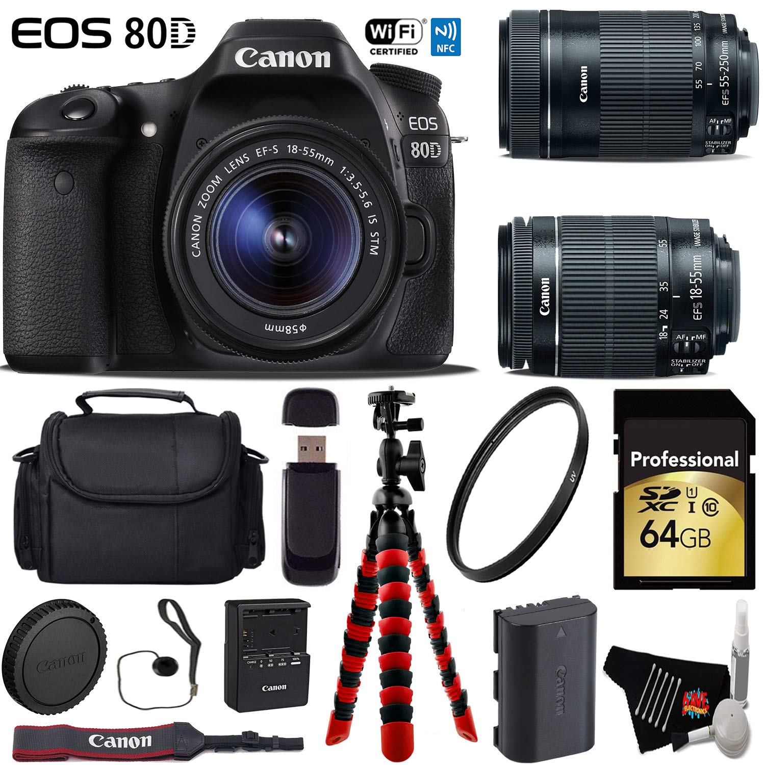 Canon EOS 80D DSLR Camera with 18-55mm is STM Lens & 55-250mm is STM Lens + Flexible Tripod + UV Protection Filter + Pro