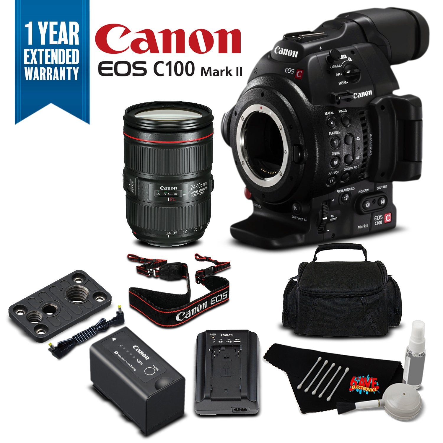 Canon EOS C100 Mark II Cinema Camera Dual Pixel CMOS AF & EF 24-105mm f/4L is II USM Zoom Lens Kit International Version