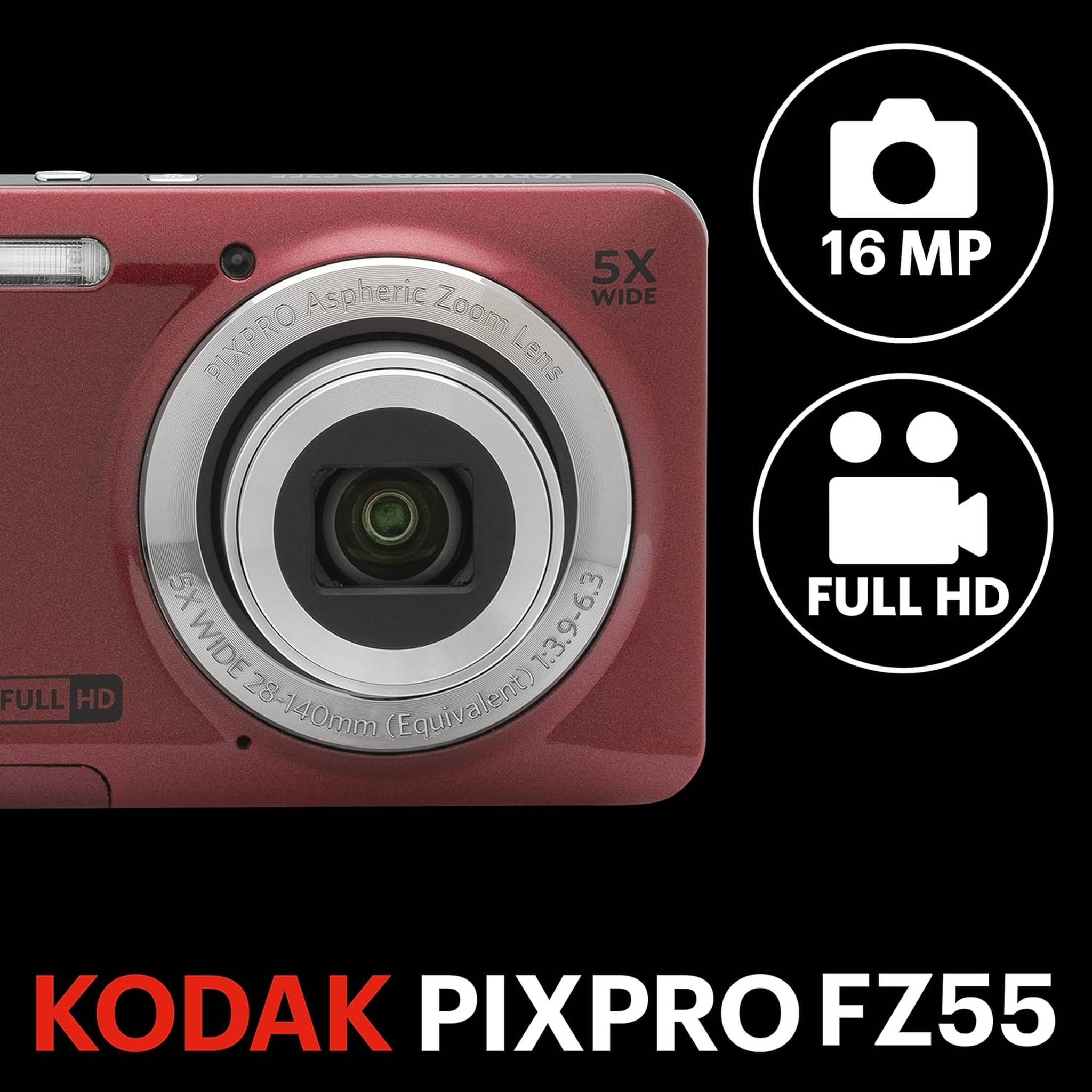 KODAK PIXPRO FZ55-RD 16MP Digital Camera 5X Optical Zoom 28mm Wide Angle 1080P Full HD Video 2.7" LCD Vlogging Camera Red Packaging May Vary