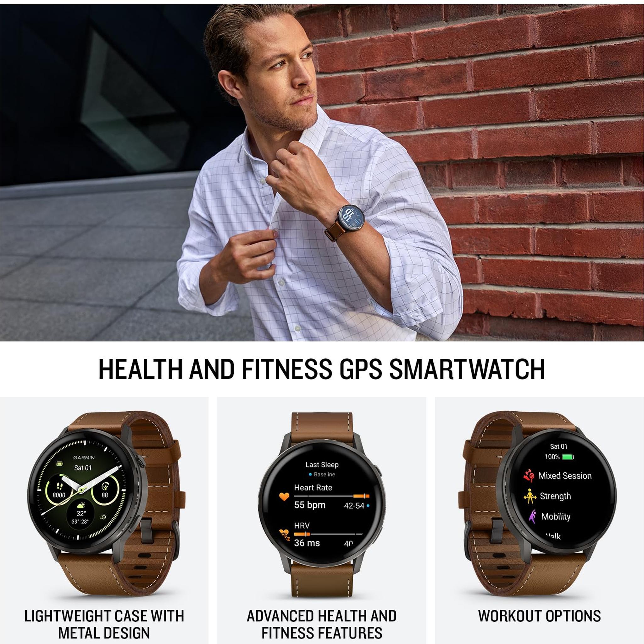 Garmin Venu® 4, 45mm, Advanced Health and Fitness GPS Smartwatch, Bright and Colorful Display, Built-in Flashlight, 12 Days of Battery Life, Slate with Black Silicone Band/Brown Leather Band