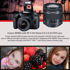 Canon EOS 4000D DSLR Camera and EF-S 18-55 mm f/3.5-5.6 Lens International Version No Warranty + 32GB Memory Card + Camera Bag + MiniTripod
