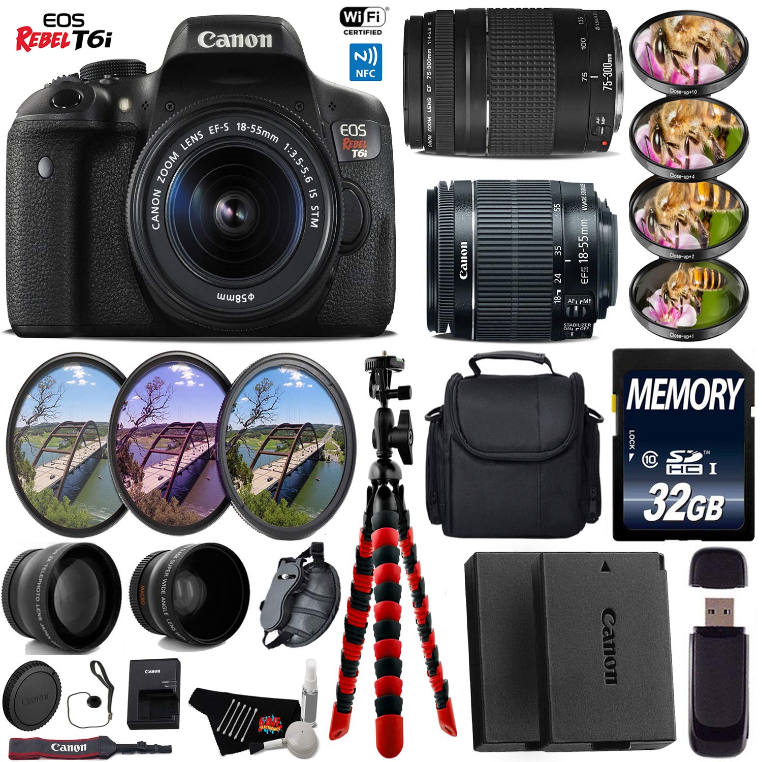 Canon EOS Rebel T6i DSLR Camera with 18-55mm IS STM Lens & 75-300mm III Lens + UV FLD CPL Filter Kit + 4 PC Macro Kit +