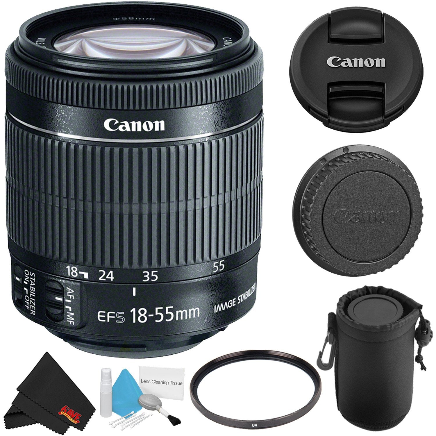 Canon EF-S 18-55mm f/3.5-5.6 Lens 8114B002WB + Deluxe Lens Pouch + Deluxe Cleaning Kit + MicroFiber Cloth Bundle Canon