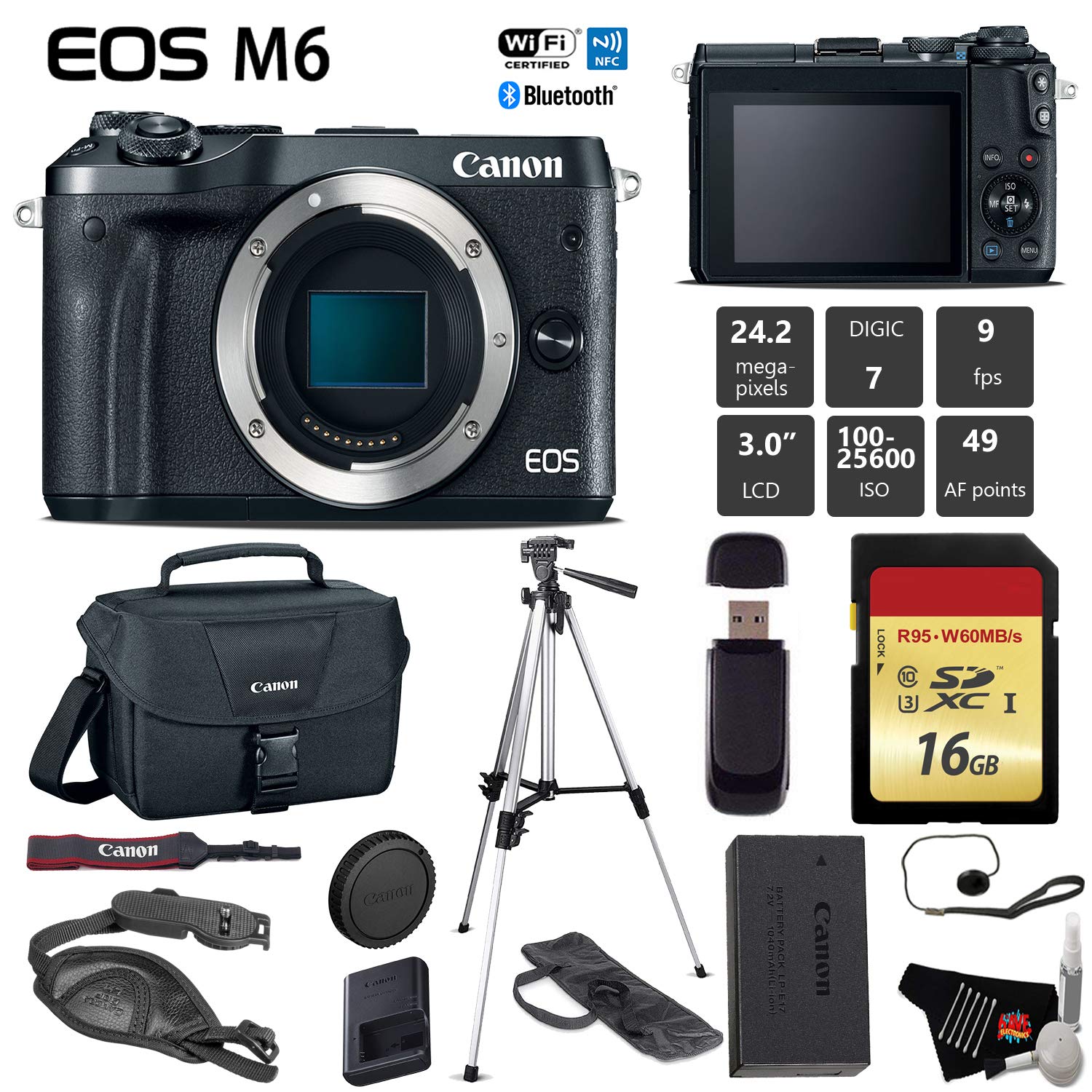 Canon EOS M6 Mirrorless Digital Camera Black, Body Only + 16GB Class 10 Memory Card + Canon Camera Case + Full Size Tr