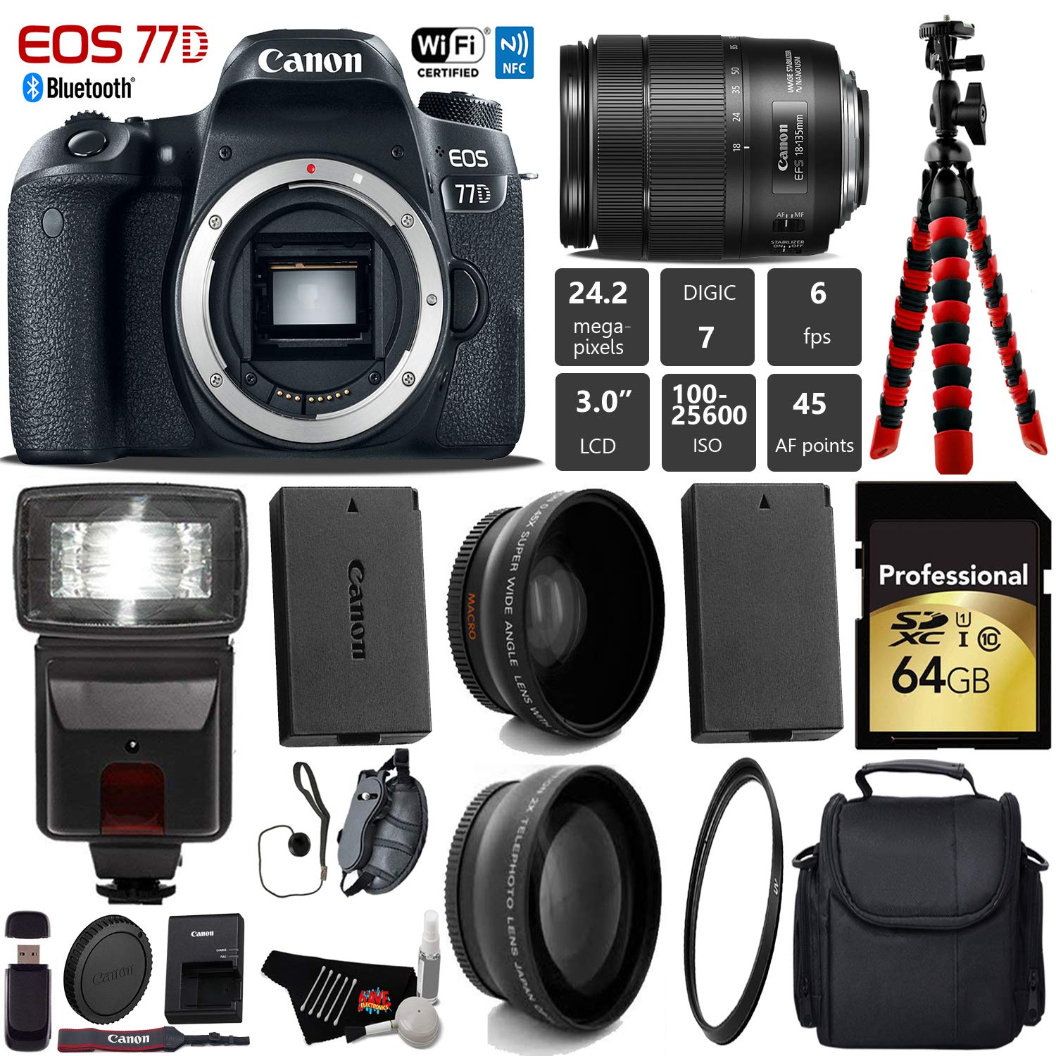 Canon EOS 77D DSLR Camera with 18-135mm is STM Lens + Flash + UV FLD CPL Filter Kit + Wide Angle & Telephoto Lens + Came