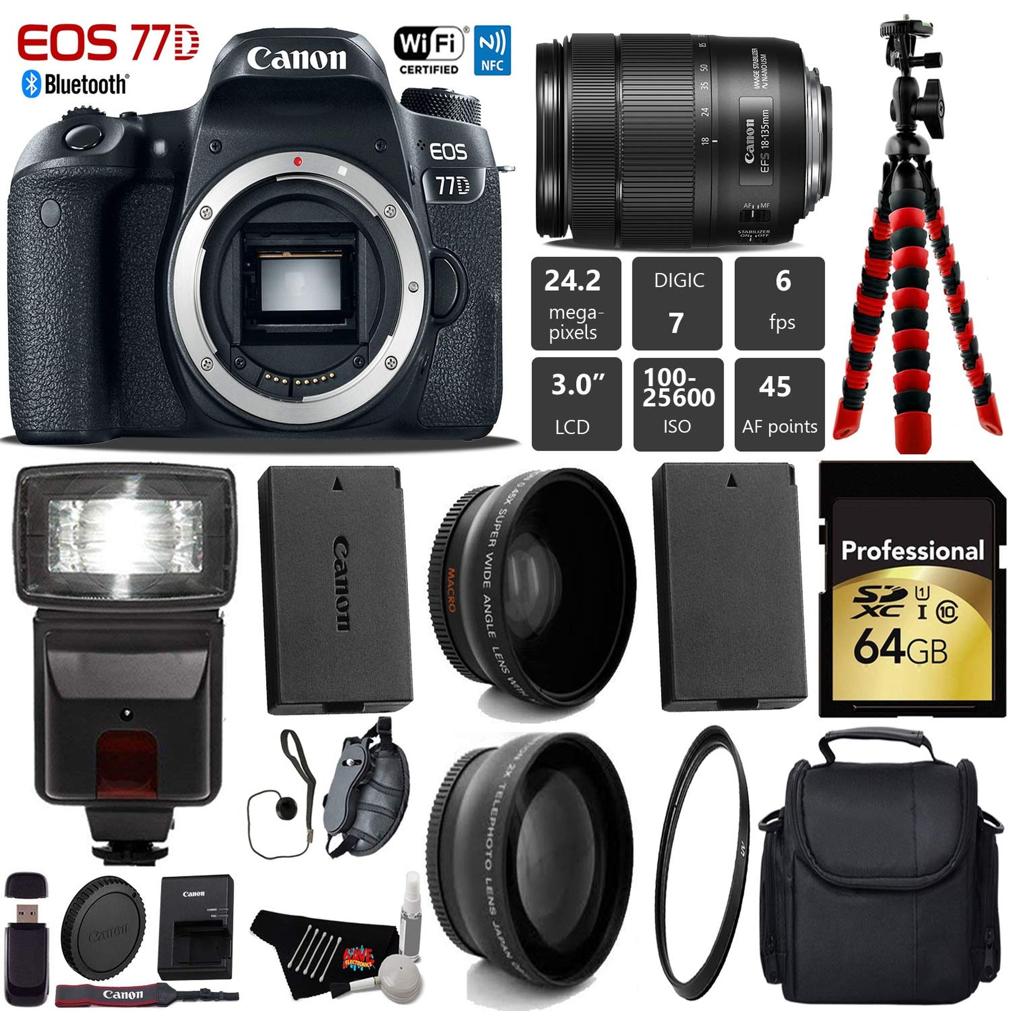 Canon EOS 77D DSLR Camera with 18-135mm is STM Lens + Flash + UV FLD CPL Filter Kit + Wide Angle & Telephoto Lens + Came Canon