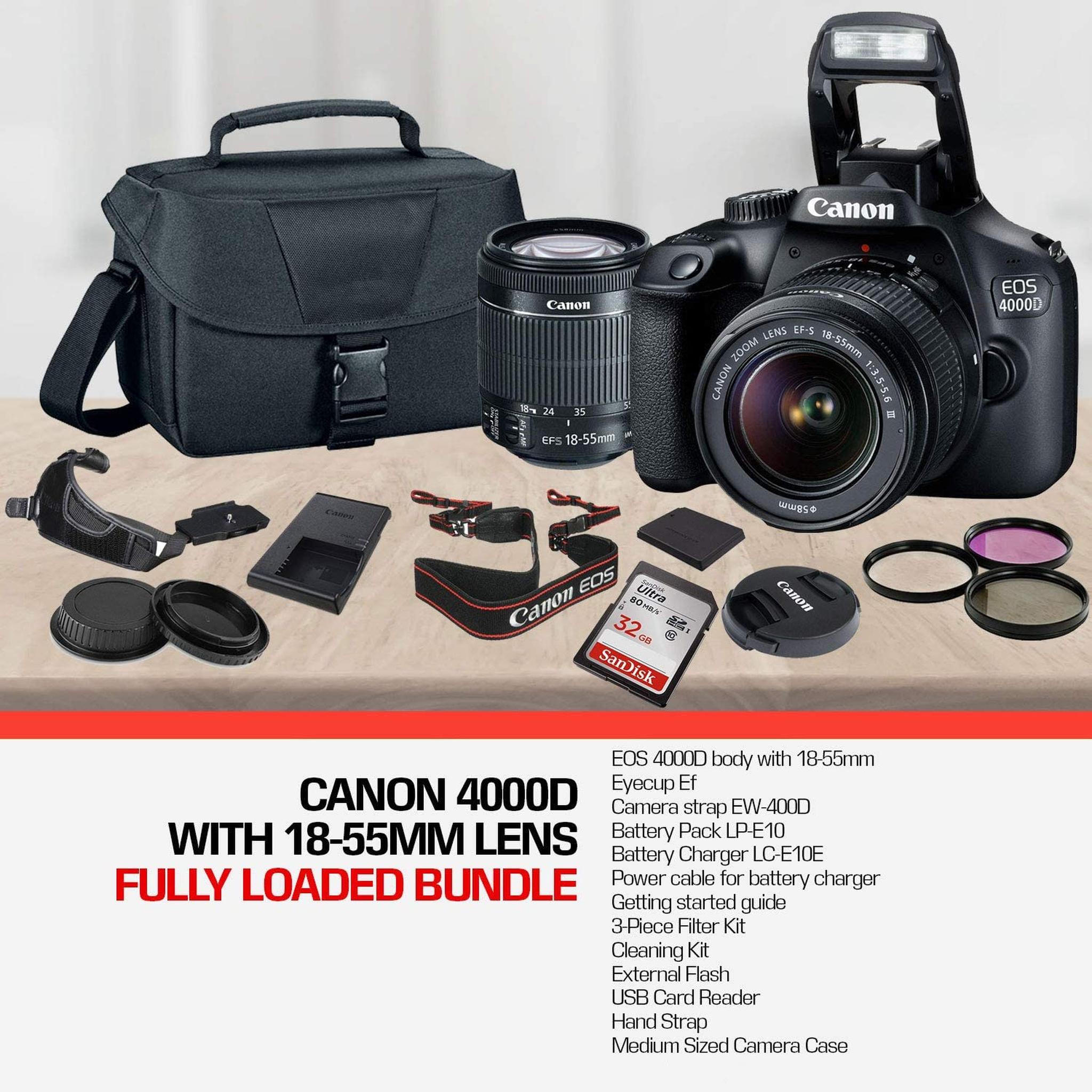 Canon EOS 4000D DSLR Camera and EF-S 18-55 mm f/3.5-5.6 Lens International Version No Warranty + 32GB Memory Card + Camera Bag + MiniTripod
