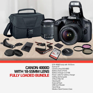 Canon EOS 4000D DSLR Camera and EF-S 18-55 mm f/3.5-5.6 Lens International Version No Warranty + 32GB Memory Card + Camera Bag + MiniTripod