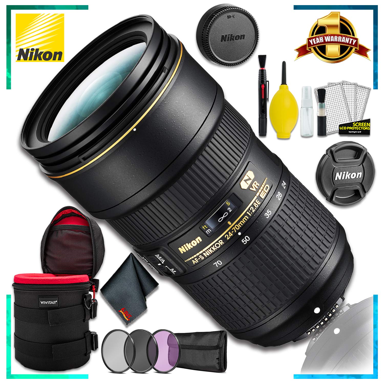 Nikon AF-S NIKKOR 24-70mm f/2.8E ED VR (Intl Model) + 8 Inch Vivitar Premium Lens Case + 3pcs UV Lens Filter Kit + Cleaning Kit