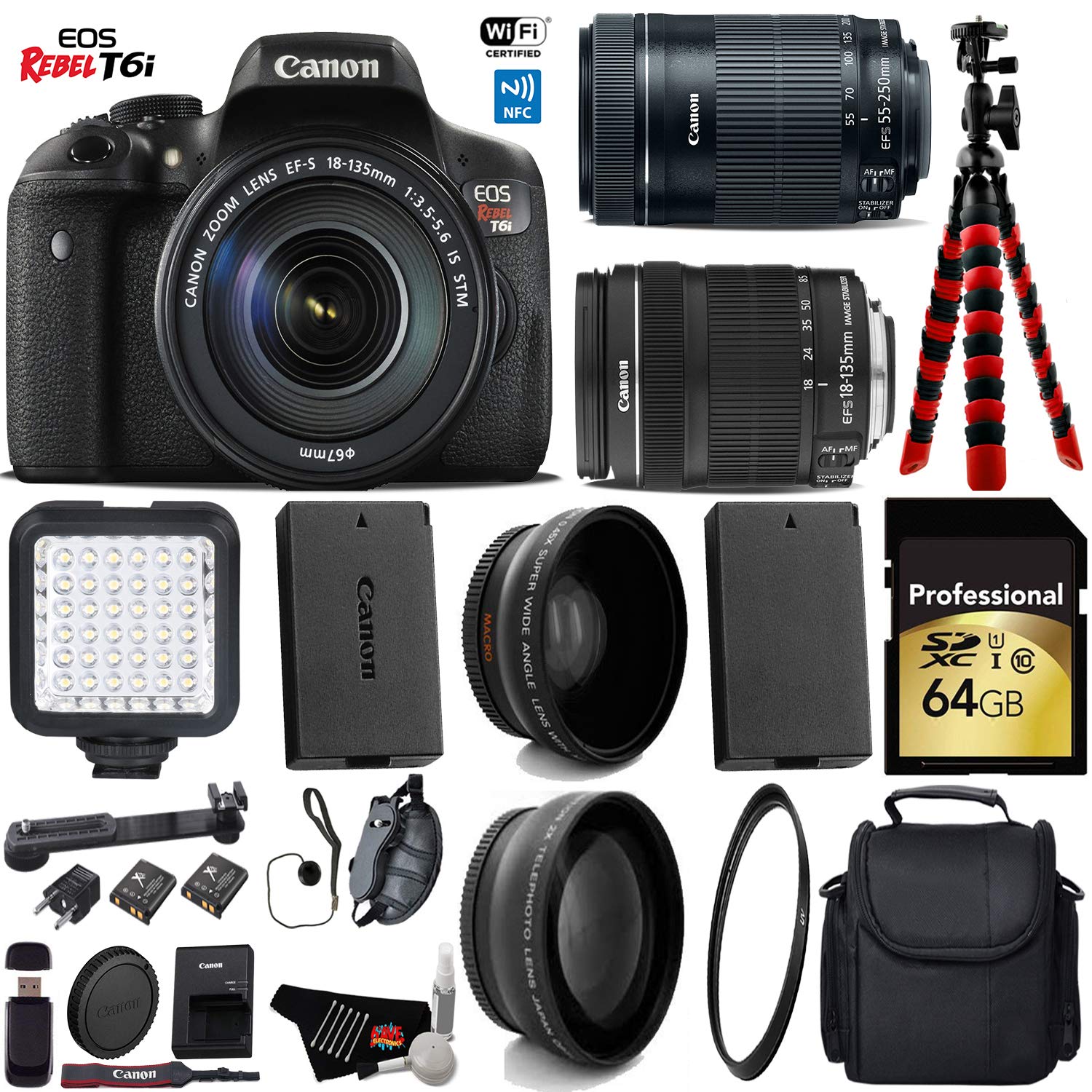 Canon EOS Rebel T6i DSLR Camera 18-135mm STM Lens & 55-250mm is STM Lens + LED + UV FLD CPL Filter Kit + Wide Angle & Te