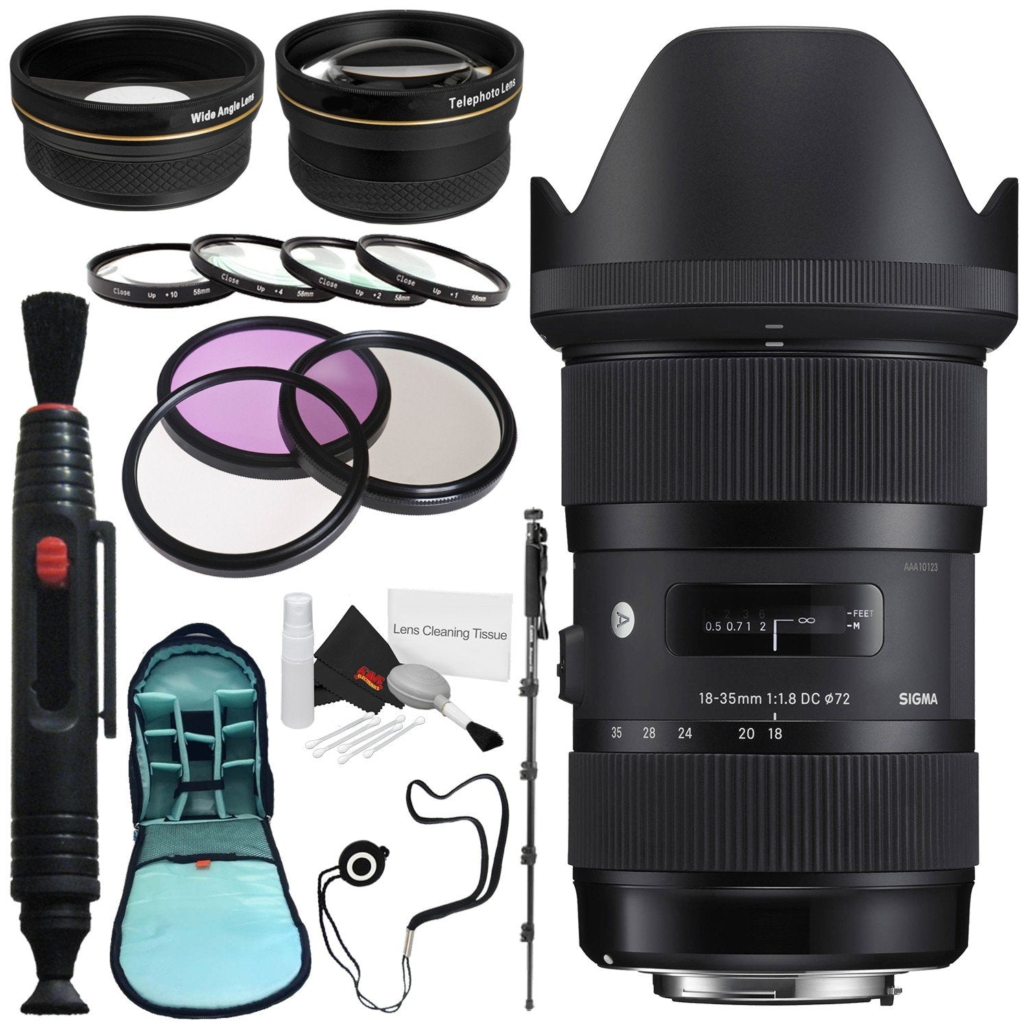 Sigma 18-35mm f/1.8 DC HSM Art Lens for Nikon # 210-306 + 72mm 3 Piece Filter Kit + Lens Pen Cleaner + 70in Monopod Bundle