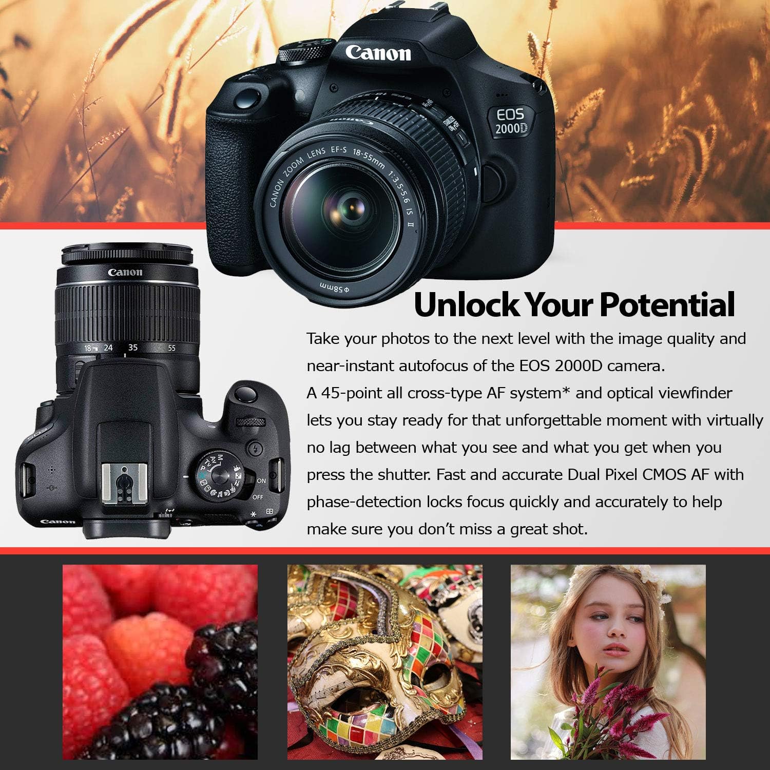 Canon EOS 2000D / Rebel T7 DSLR Camera and EF-S 18-55mm f/3.5-5.6 IS DC III Lens + 32GB Memory Card + Camera Bag + Cleaning Kit + Table Tripod + Filters - Intl Model