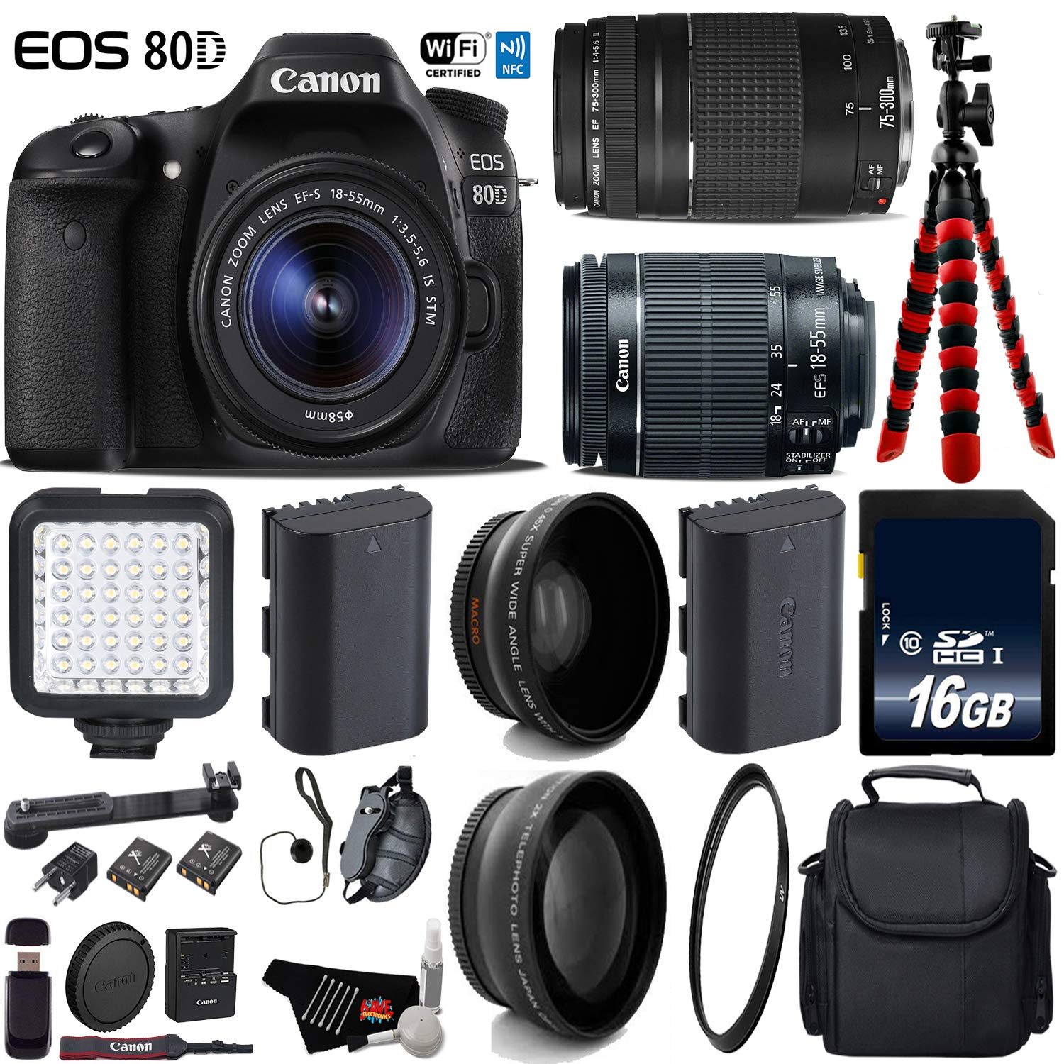 Canon EOS 80D DSLR Camera with 18-55mm is STM Lens & 75-300mm III Lens + LED + UV FLD CPL Filter Kit + Wide Angle & Tele