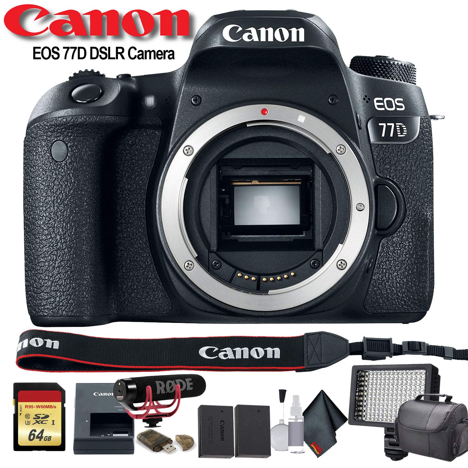 Canon EOS 77D DSLR Camera International Model 1892C001 W/Bag, Extra Battery, LED Light, Mic, Filters and More - Adva