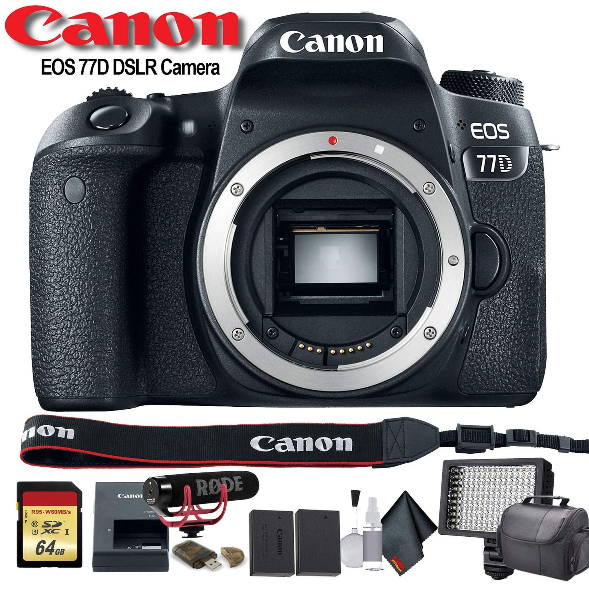 Canon EOS 77D DSLR Camera International Model 1892C001 W/Bag, Extra Battery, LED Light, Mic, Filters and More - Adva Canon