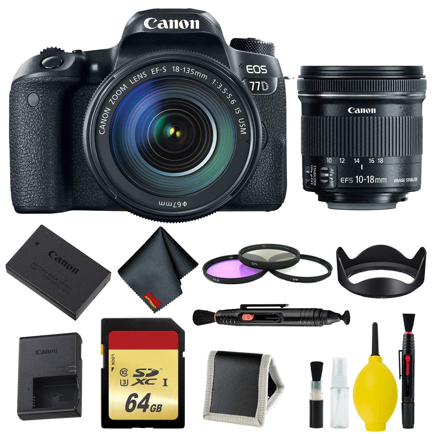 Canon EOS 77D DSLR Camera with 18-135mm USM Lens Memory and Filter Kit w/Bonus 10-18mm Lens