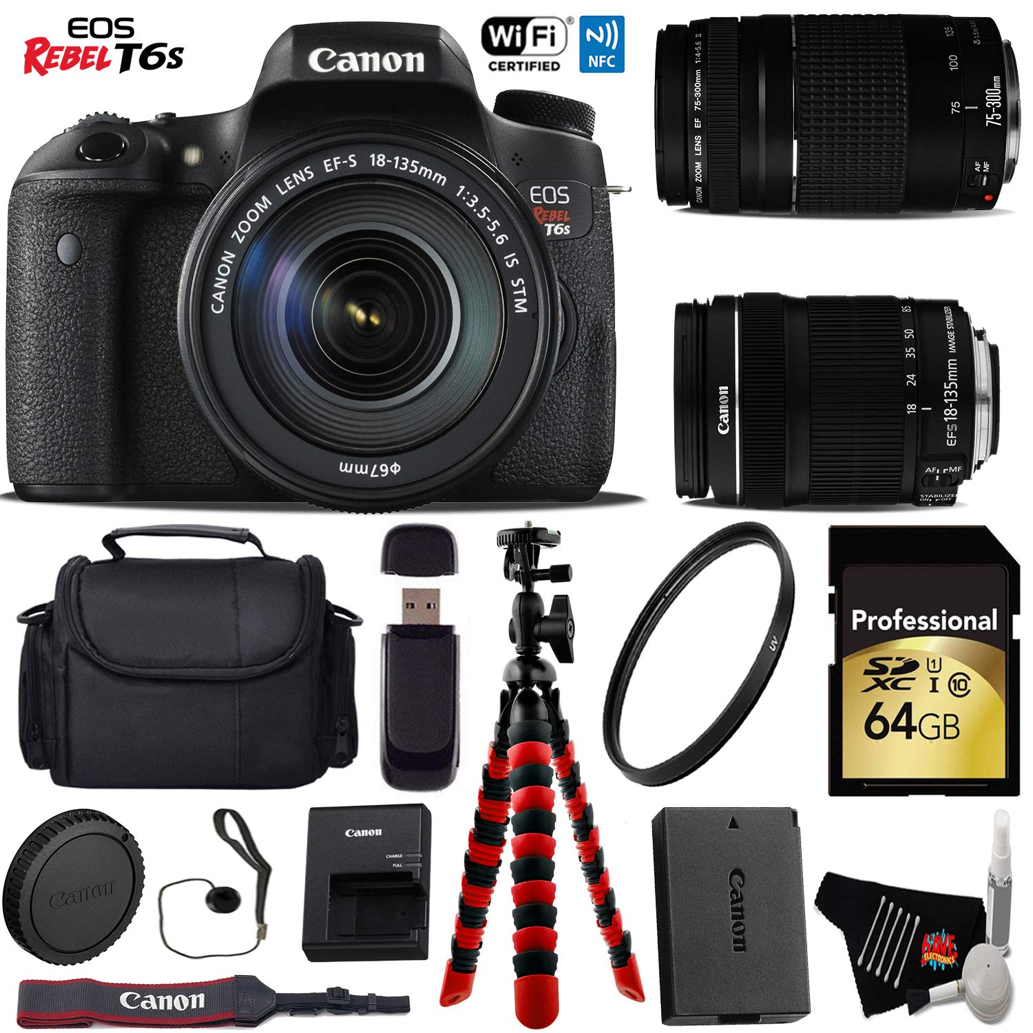 Canon EOS Rebel T6S DSLR Camera 18-135mm is STM Lens & 75-300mm III Lens + Flexible Tripod + UV Protection Filter Starter Bundle