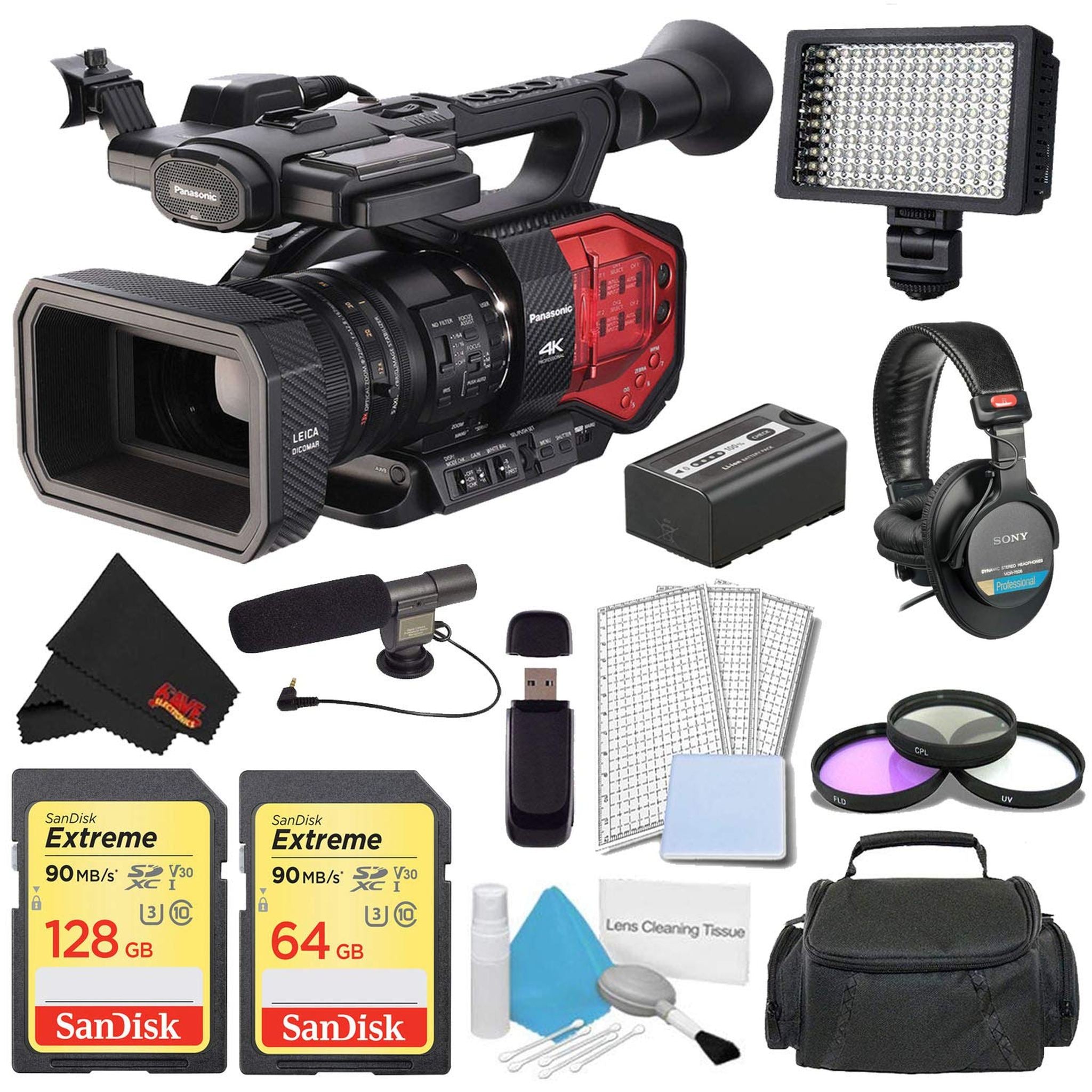 Panasonic AG-DVX200 4K Camcorder Pro Kit with Professional Headphones + Pro LED Video Light + Professional Microphone + 72mm 3pc Filter Kit + Basic and Advanced Bundle Accessories Panasonic