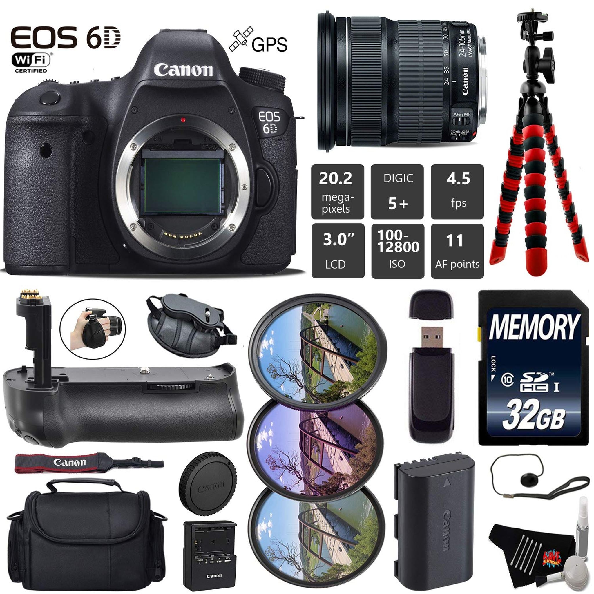 Canon EOS 6D DSLR Camera with 24-105mm is STM Lens + Professional Battery Grip + UV FLD CPL Filter Kit + Case + Wrist St Canon