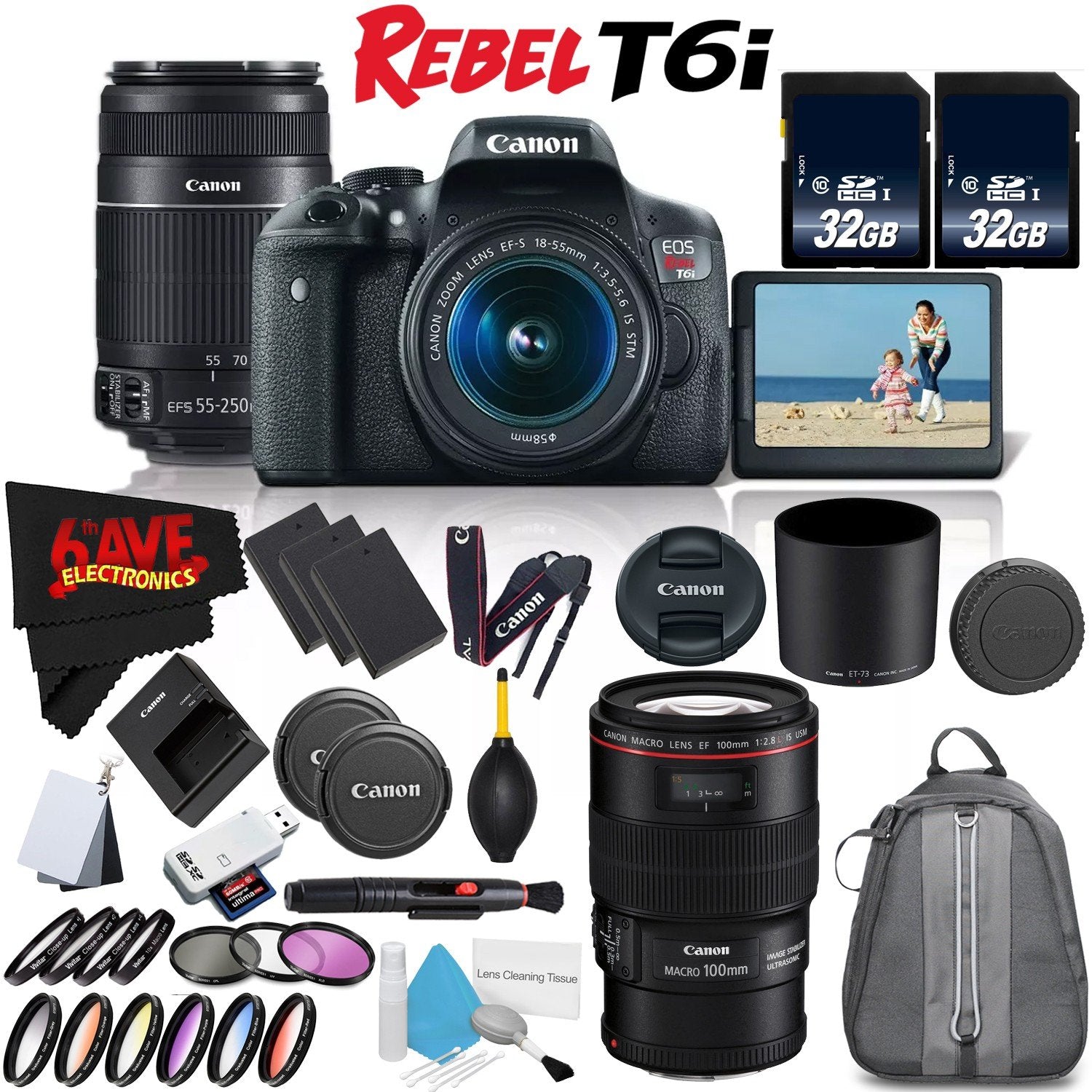 6Ave Canon EOS Rebel T6i DSLR Camera with 18-55mm Lens, 55-250mm Lens and 100mm Macro - 3 Lens Combo