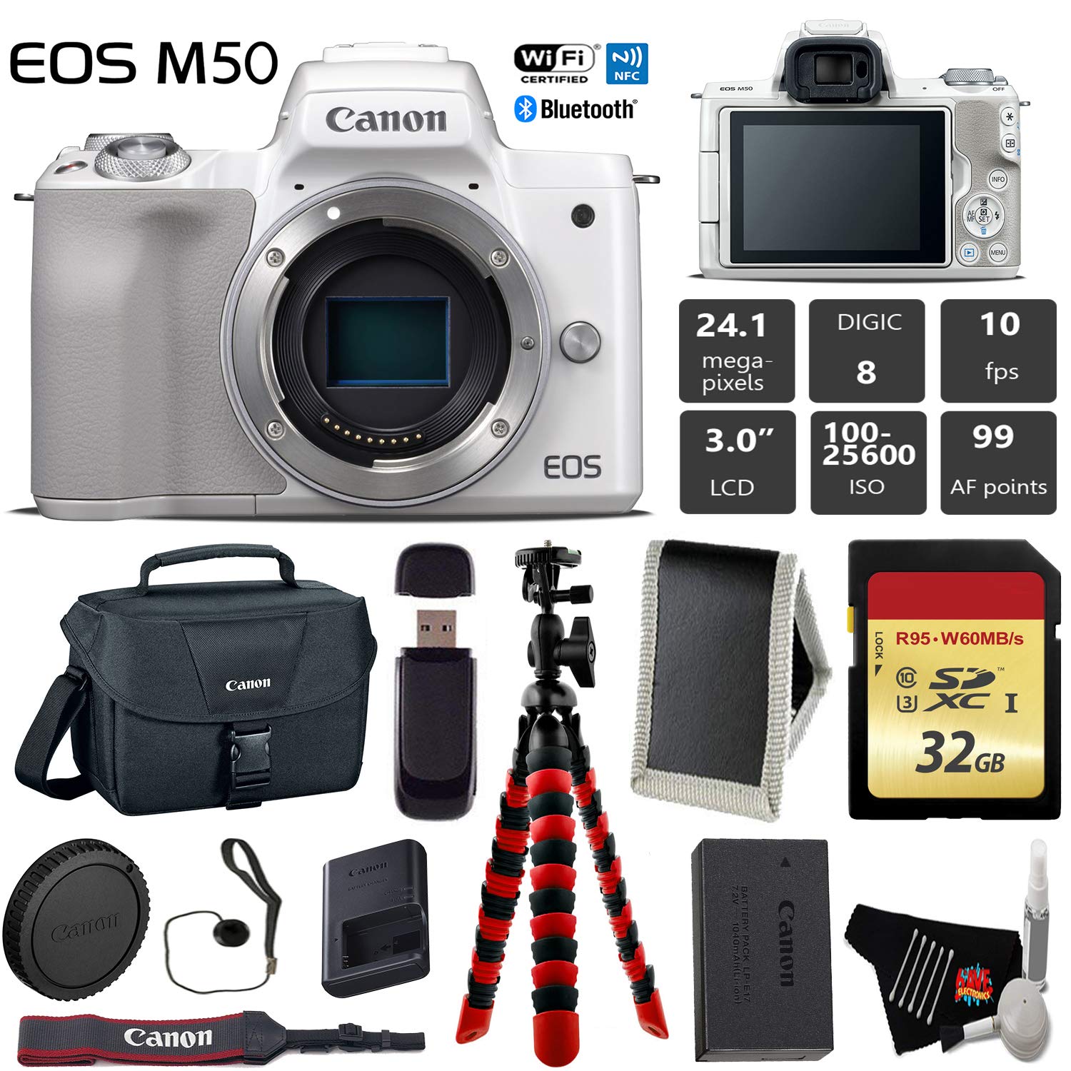 Canon EOS M50 Mirrorless Digital Camera White, Body Only + 32GB Class 10 Memory Card + Canon Camera Case + Flexible Tr