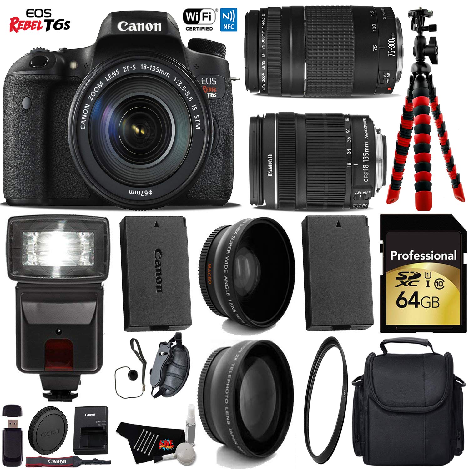 Canon EOS Rebel T6S DSLR Camera with 18-135mm IS STM Lens & 75-300mm III Lens + Flash + UV FLD CPL Filter Pro Bundle