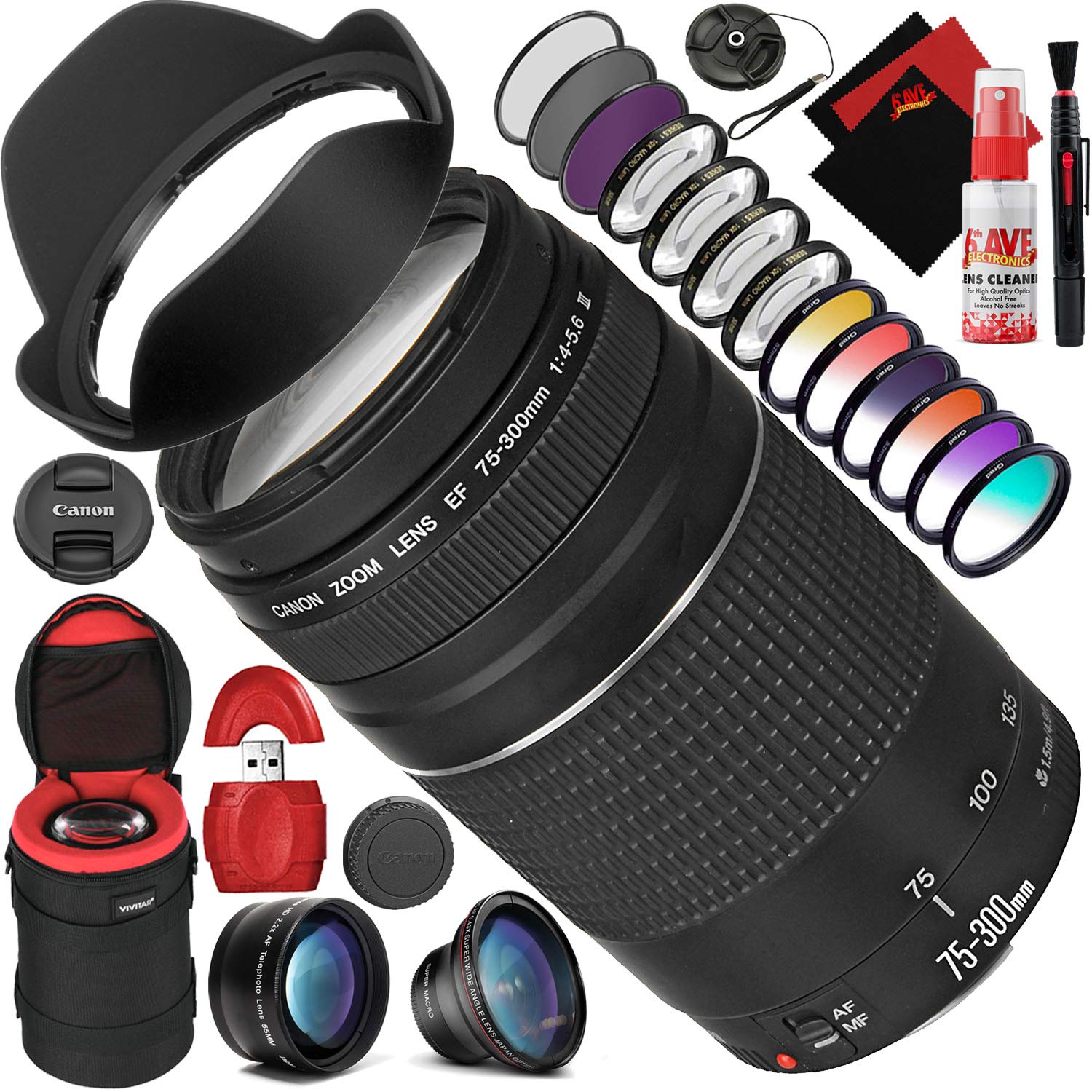 Canon Canon EF 75-300mm f/4-5.6 III Lens with Mega Accessory Combo - 13-Piece Creative Filter Kit - Heavy Duty Lens Case Bundle
