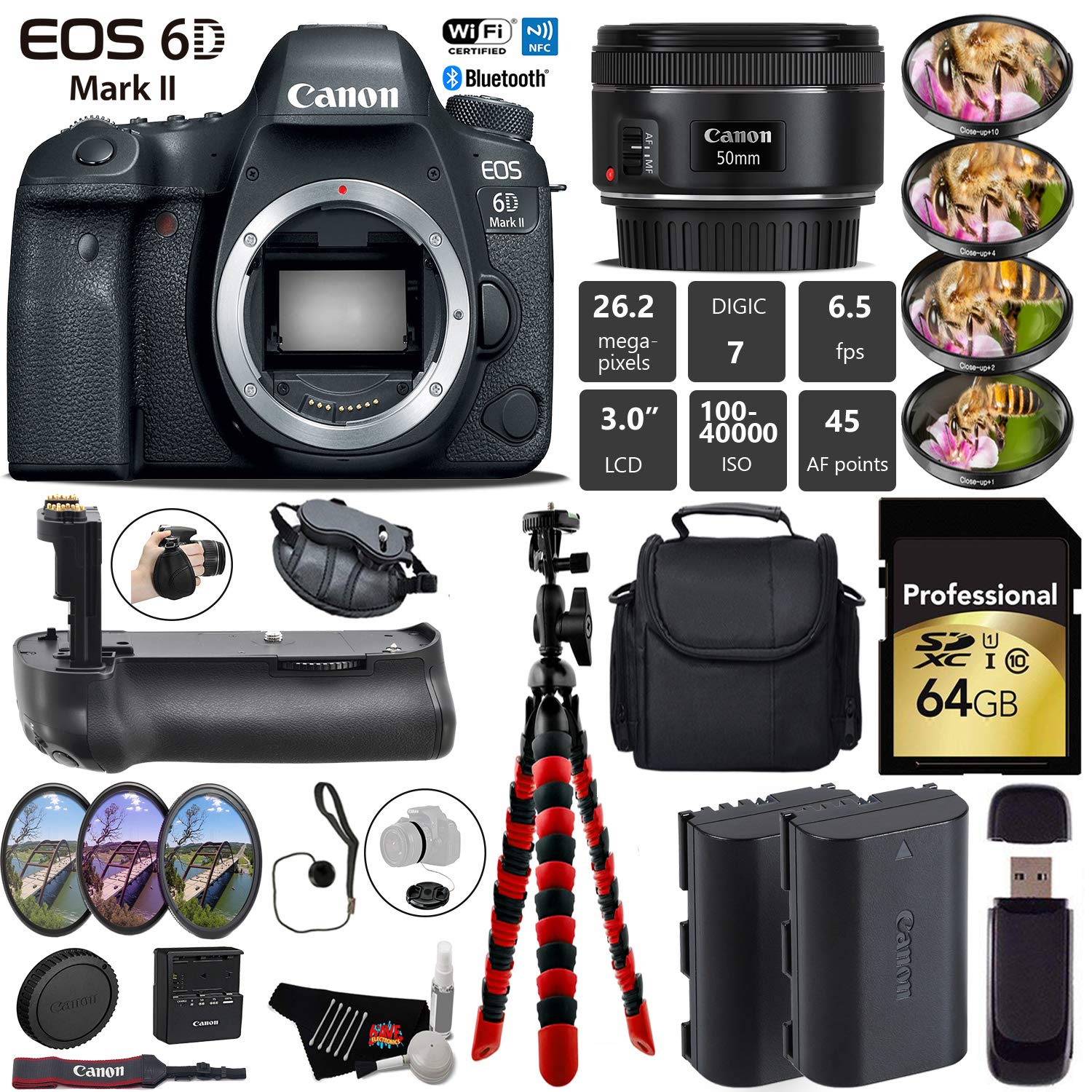 Canon EOS 6D Mark II DSLR Camera With 50mm 1.8 STM Lens + Professional Battery Grip + 4PC Macro Filter Kit + LED Kit Pro Bundle