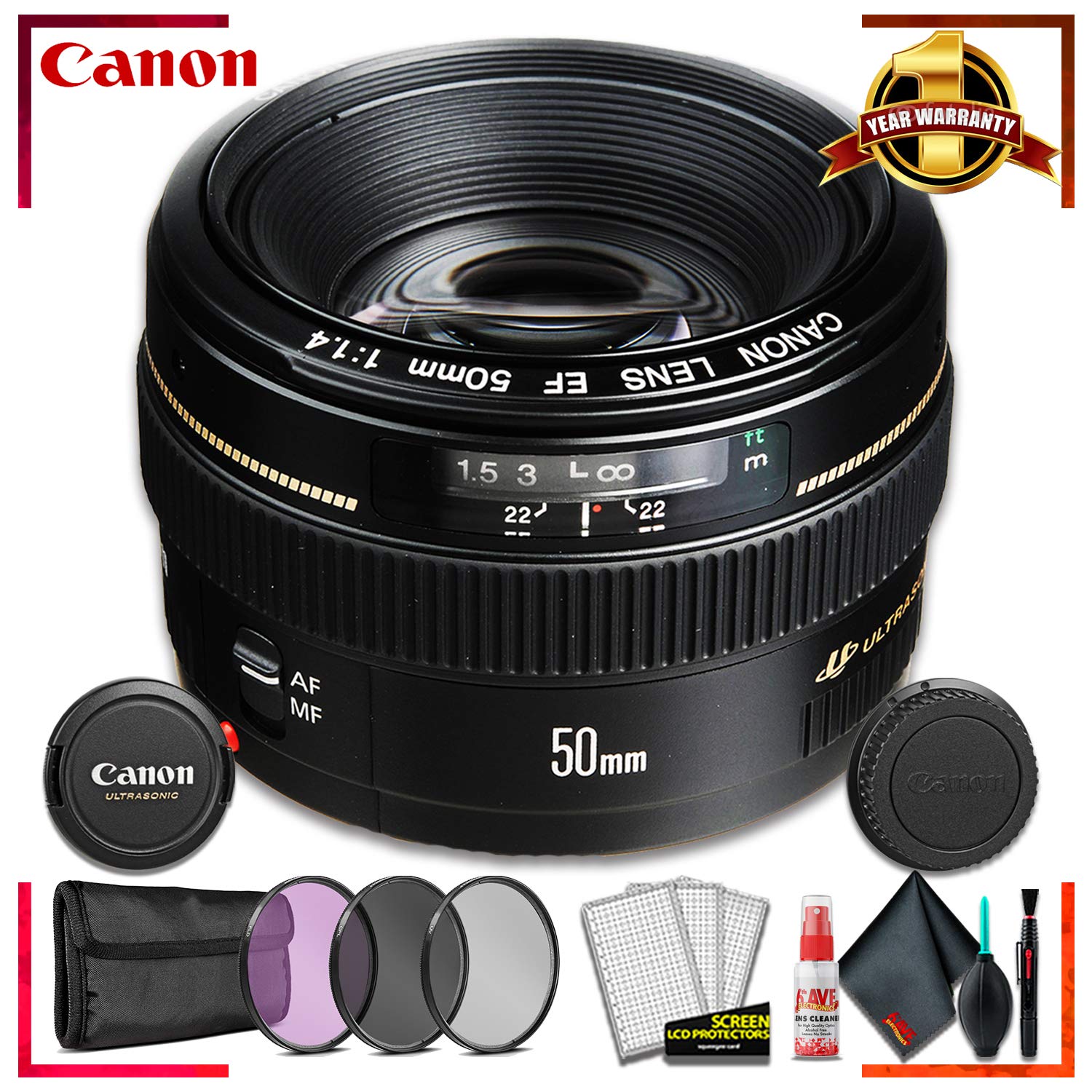 Canon EF 50mm f/1.4 USM Camera Lens + 3 Pcs Filter Kit + Cleaning Kit