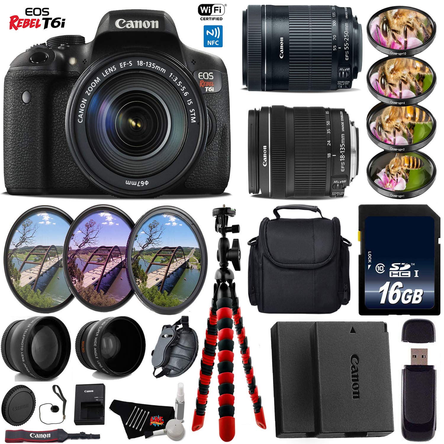 Canon EOS Rebel T6i DSLR Camera + 18-135mm STM Lens & 55-250mm is STM Lens + UV FLD CPL Filter Kit + 4 PC Macro Kit + Wi
