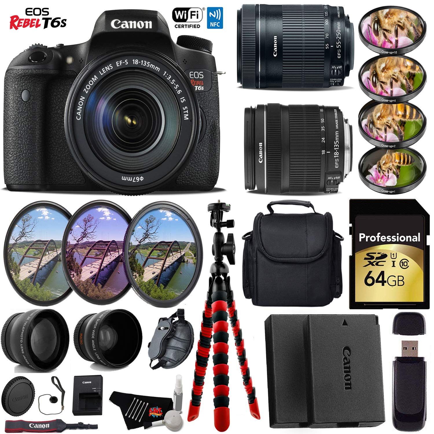 Canon EOS Rebel T6S DSLR Camera + 18-135mm STM Lens & 55-250mm is STM Lens + UV FLD CPL Filter Kit + 4 PC Macro Kit Starter Bundle