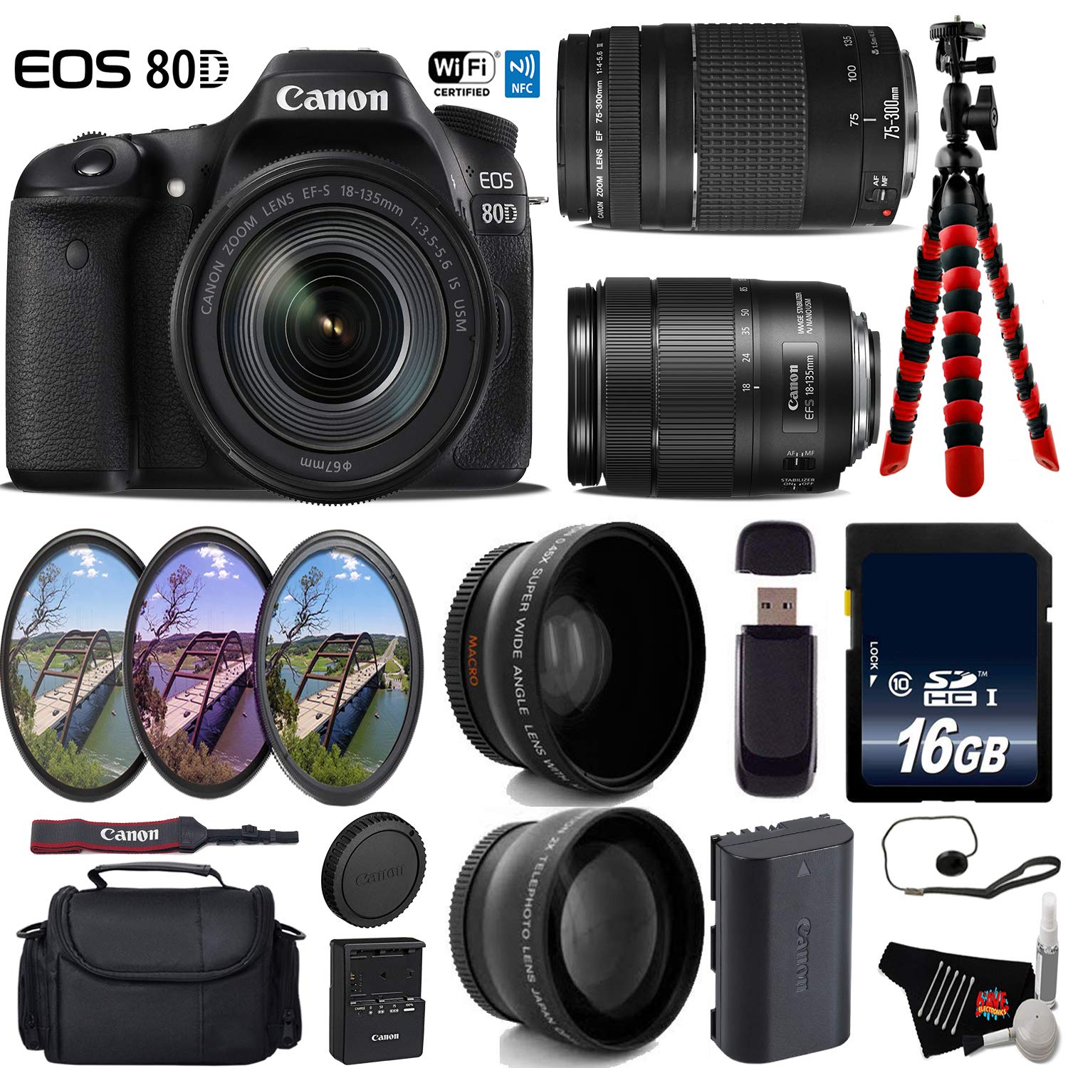 Canon EOS 80D DSLR Camera with 18-135mm is STM Lens & 75-300mm III Lens + UV FLD CPL Filter Kit Advanced Bundle