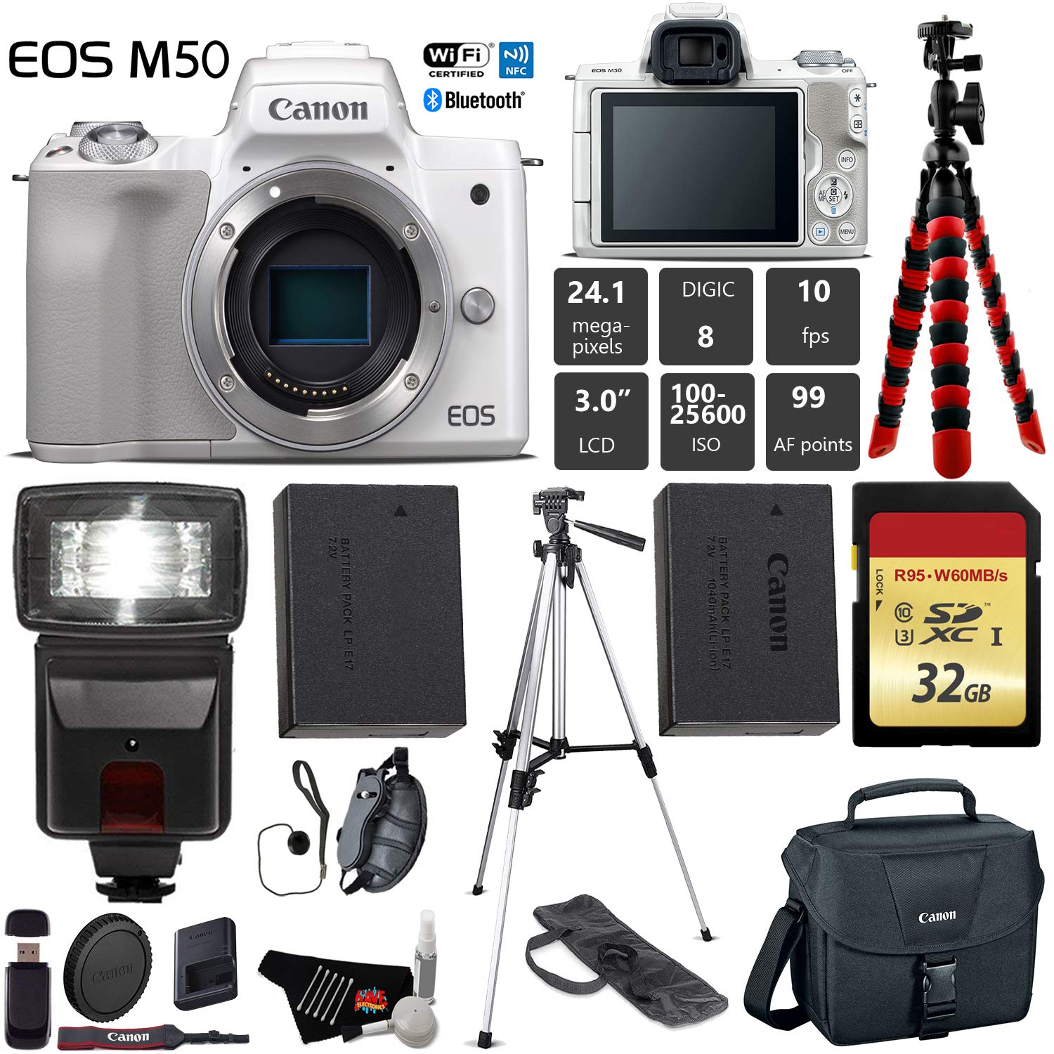 Canon EOS M50 Mirrorless Digital Camera White, Body Only + 32GB Class 10 Memory Card + Flash + Canon Camera Case + Fle