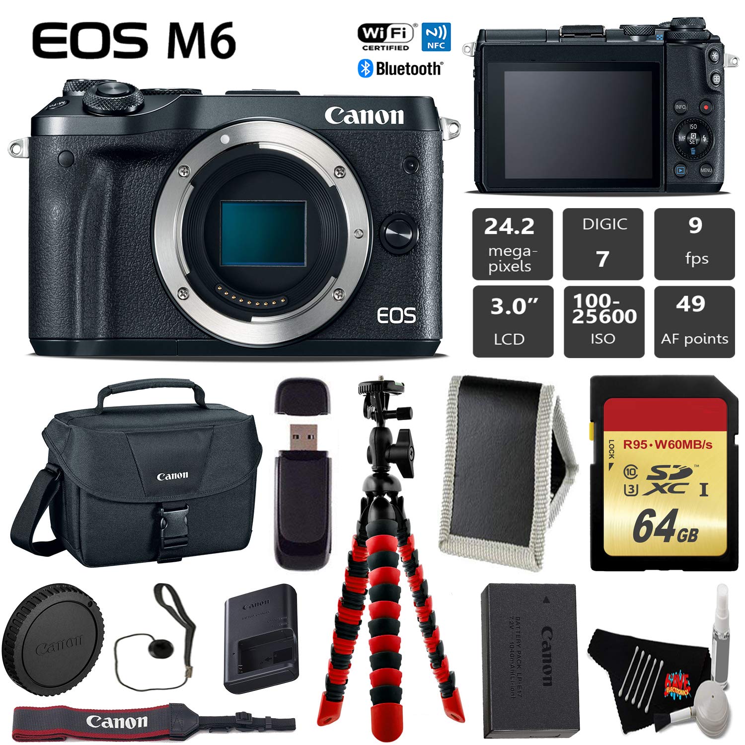 Canon EOS M6 Mirrorless Digital Camera Black, Body Only + 64GB Class 10 Memory Card + Canon Camera Case + Flexible Tri