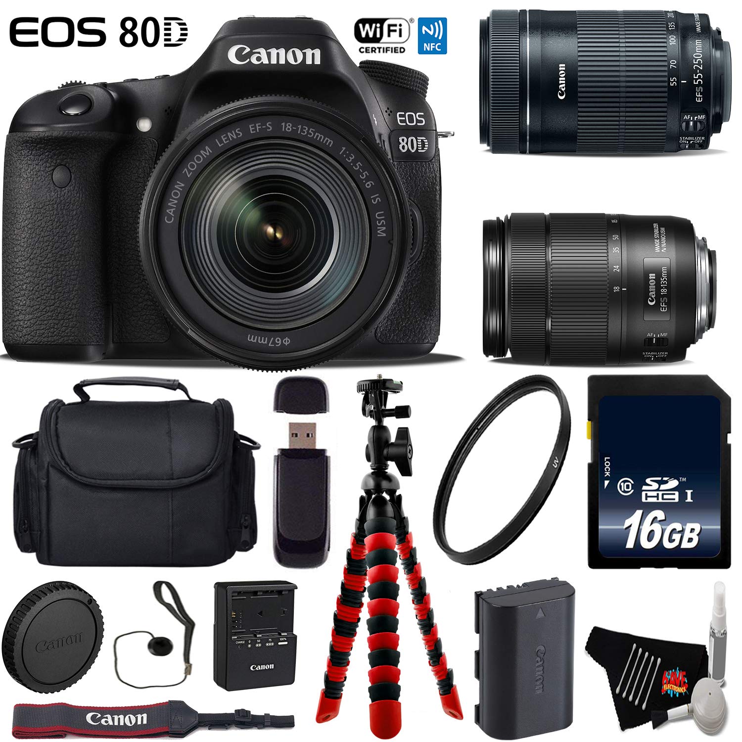 Canon EOS 80D DSLR Camera with 18-135mm is STM Lens & 55-250mm is STM Lens + Flexible Tripod + UV Protection Filter Advanced Bundle