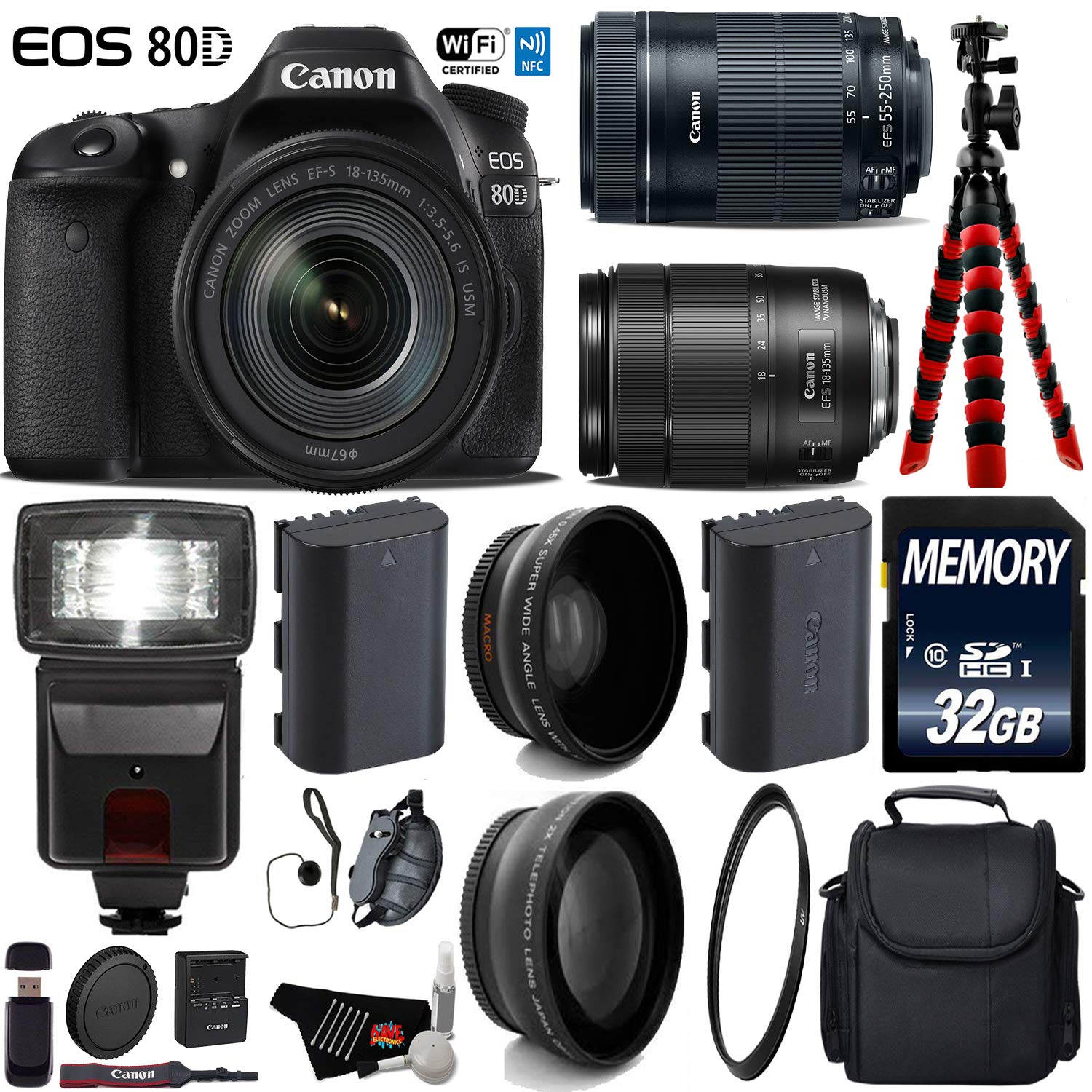 Canon EOS 80D DSLR Camera with 18-135mm is STM Lens & 55-250mm is STM Lens + Flash + UV FLD CPL Filter Kit Advanced Bundle