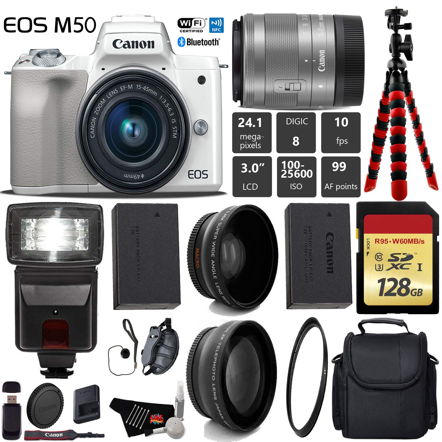 Canon EOS M50 Mirrorless Digital Camera White with 15-45mm Lens + Flash + UV FLD CPL Filter Kit + Wide Angle & Telepho