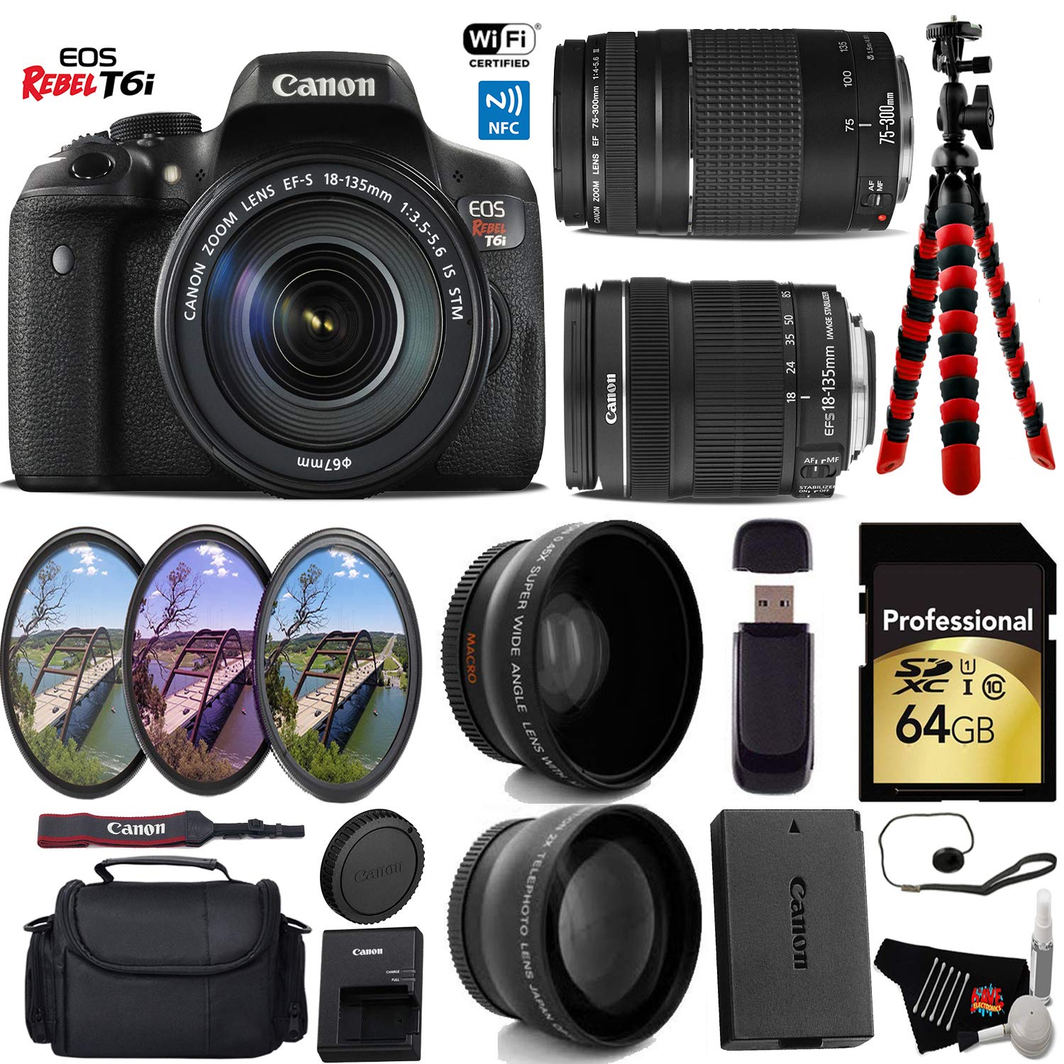 Canon EOS Rebel T6i DSLR Camera with 18-135mm is STM Lens & 75-300mm III Lens + UV FLD CPL Filter Kit + Wide Angle & Tel