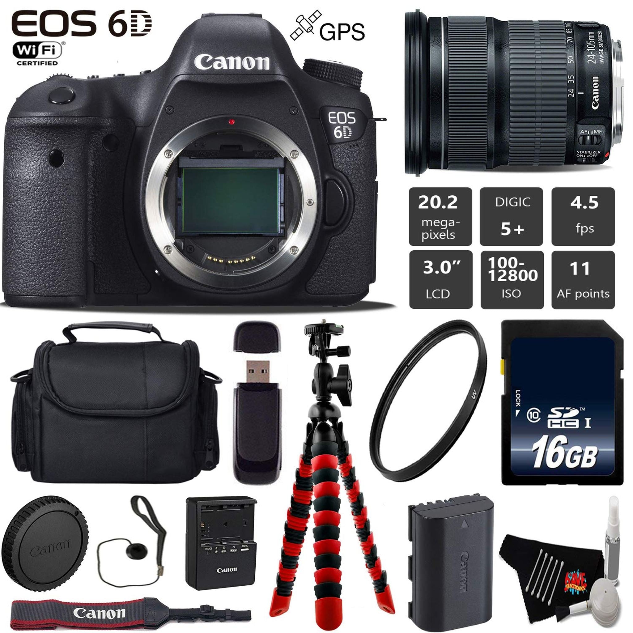 Canon EOS 6D DSLR Camera with 24-105mm is STM Lens + Wireless Remote + UV Protection Filter + Case + Wrist Strap + Tripo Canon