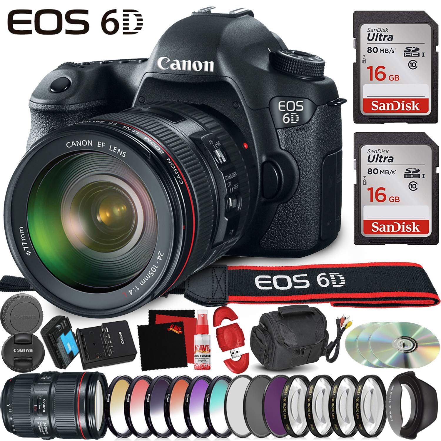 Canon EOS 6D DSLR Camera with Canon 24-105mm USM Lens - 32GB Memory - Advanced Creative Photography Filter Kit and Essen
