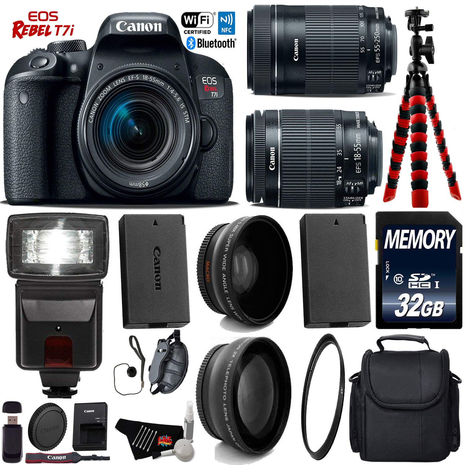 Canon EOS Rebel T7i DSLR Camera 18-55mm is STM Lens & 55-250mm is STM Lens + Flash + UV FLD CPL Filter Kit + Wide Angle