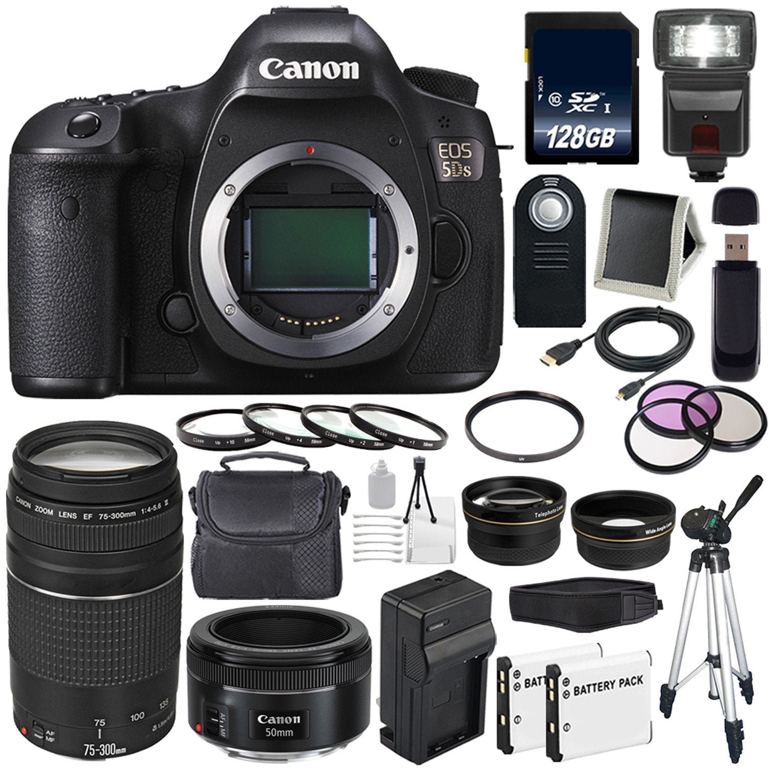 Canon EOS 5DS DSLR Camera (International Model) 0581C002 + Canon EF 75-300 III+ EF 50mm f/1.8 STM Lens Deluxe Bundle