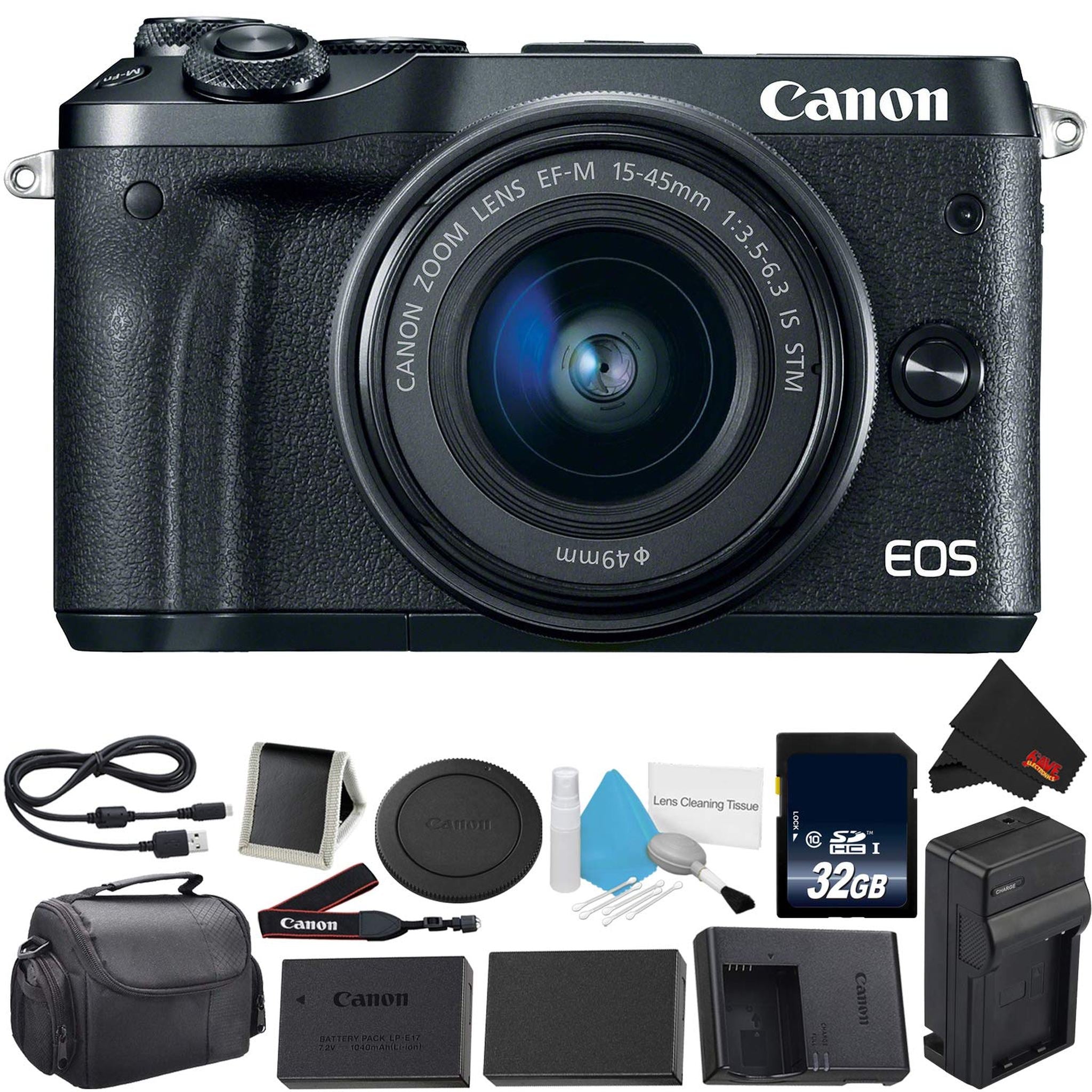 Canon EOS M6 Mirrorless Digital Camera with 15-45mm f/3.5-6.3 is STM Lens Kit- Bundle with 32GB Memory Card + Extra Batt Canon