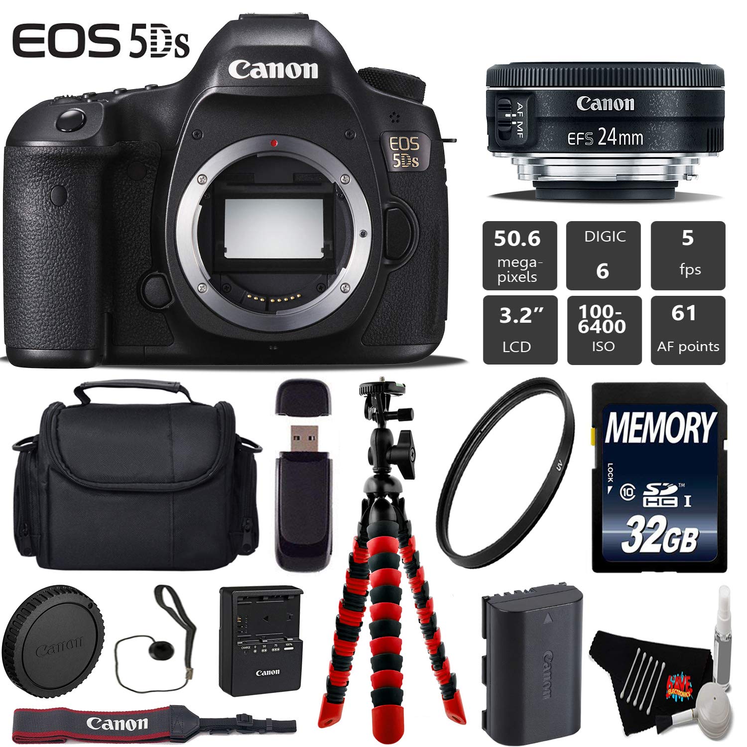 Canon EOS 5DS DSLR Camera with 24mm f/2.8 STM Lens + Wireless Remote + UV Protection Filter + Case + Wrist Strap Starter Bundle