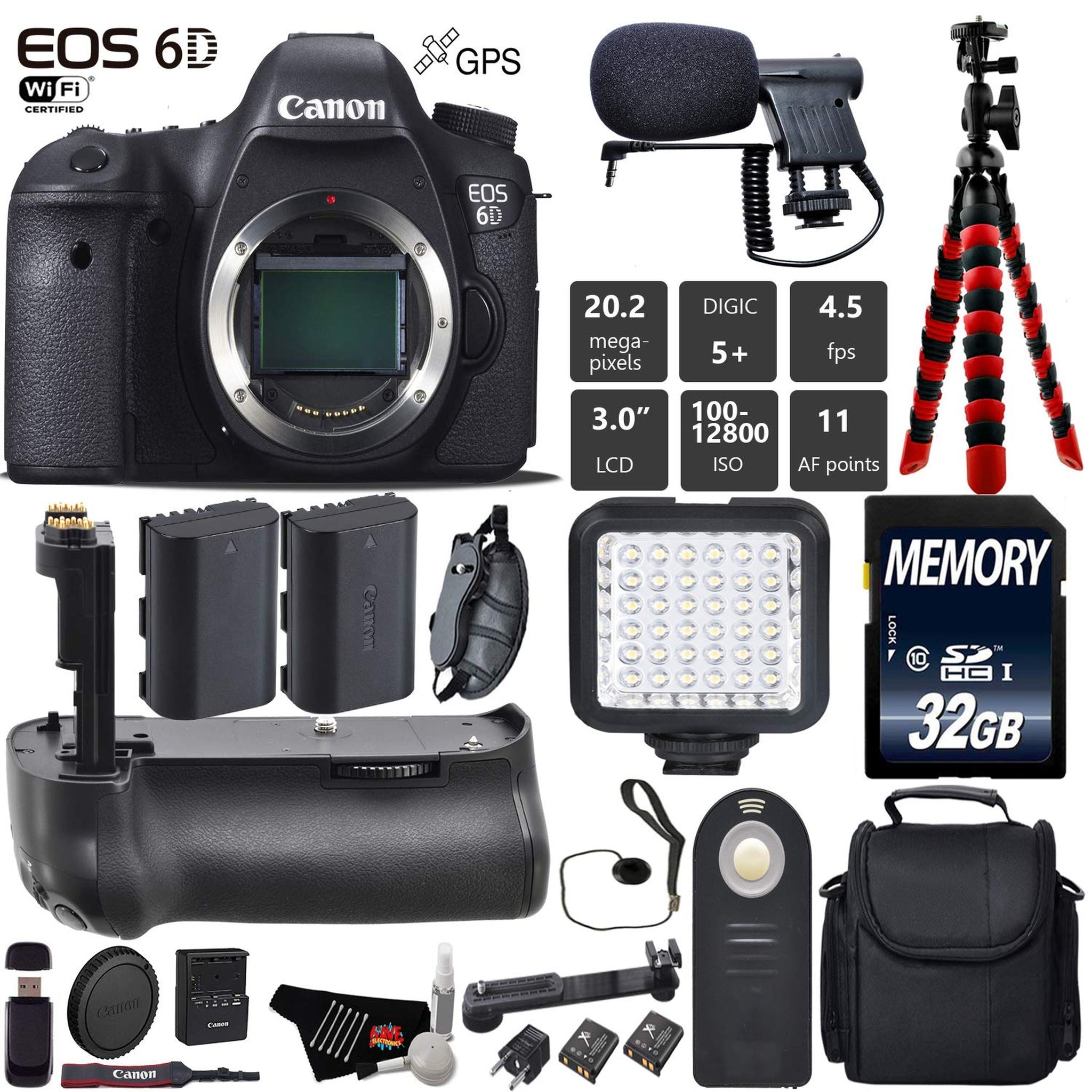Canon EOS 6D DSLR Camera Body Only + Professional Battery Grip + Condenser Microphone + LED Kit + Extra Battery + Case Canon