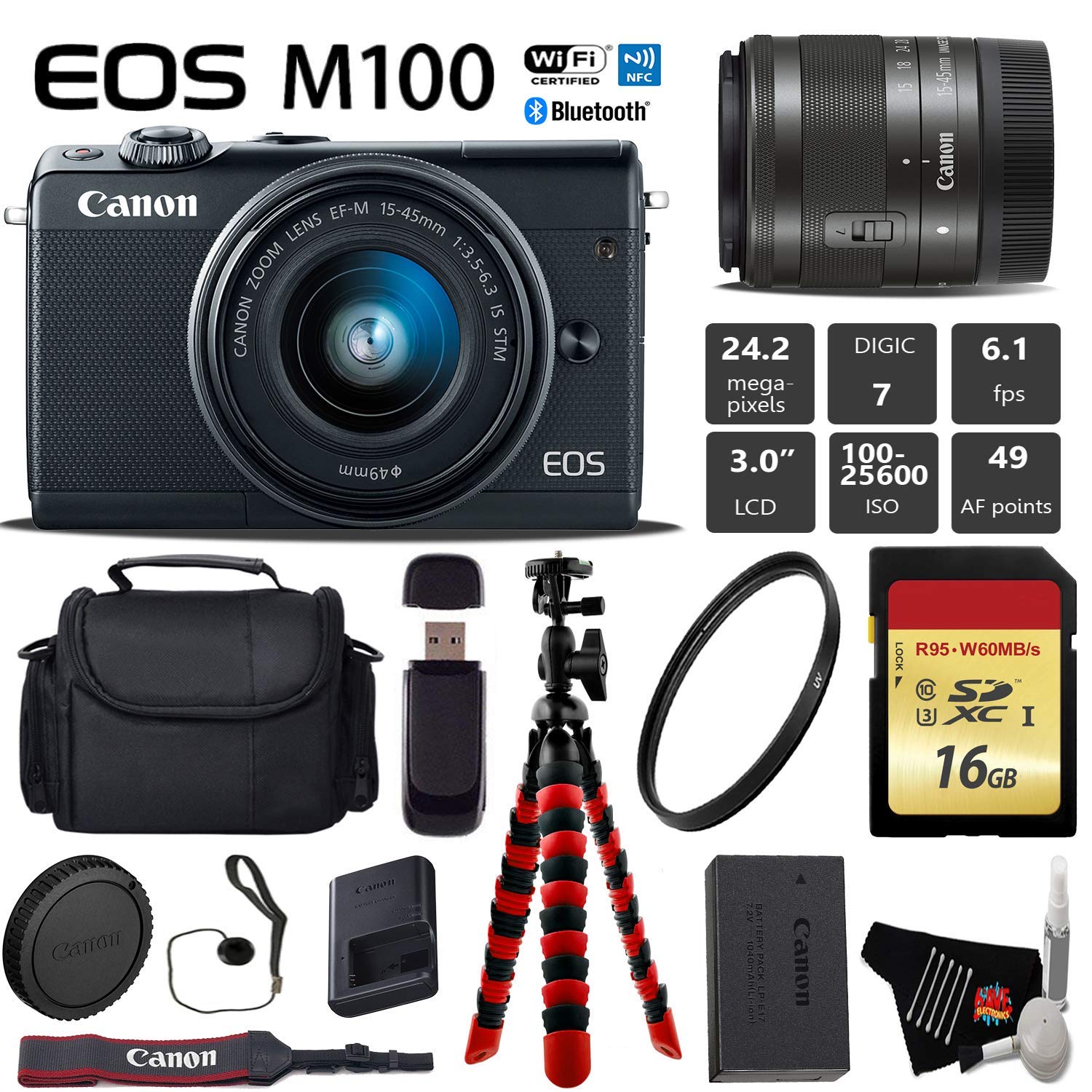 Canon EOS M100 Mirrorless Digital Camera (Black) with 15-45mm Lens + Flexible Tripod + UV Protection Filter + Profession