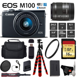 Canon EOS M100 Mirrorless Digital Camera Black with 15-45mm Lens + Flexible Tripod + UV Protection Filter + Profession