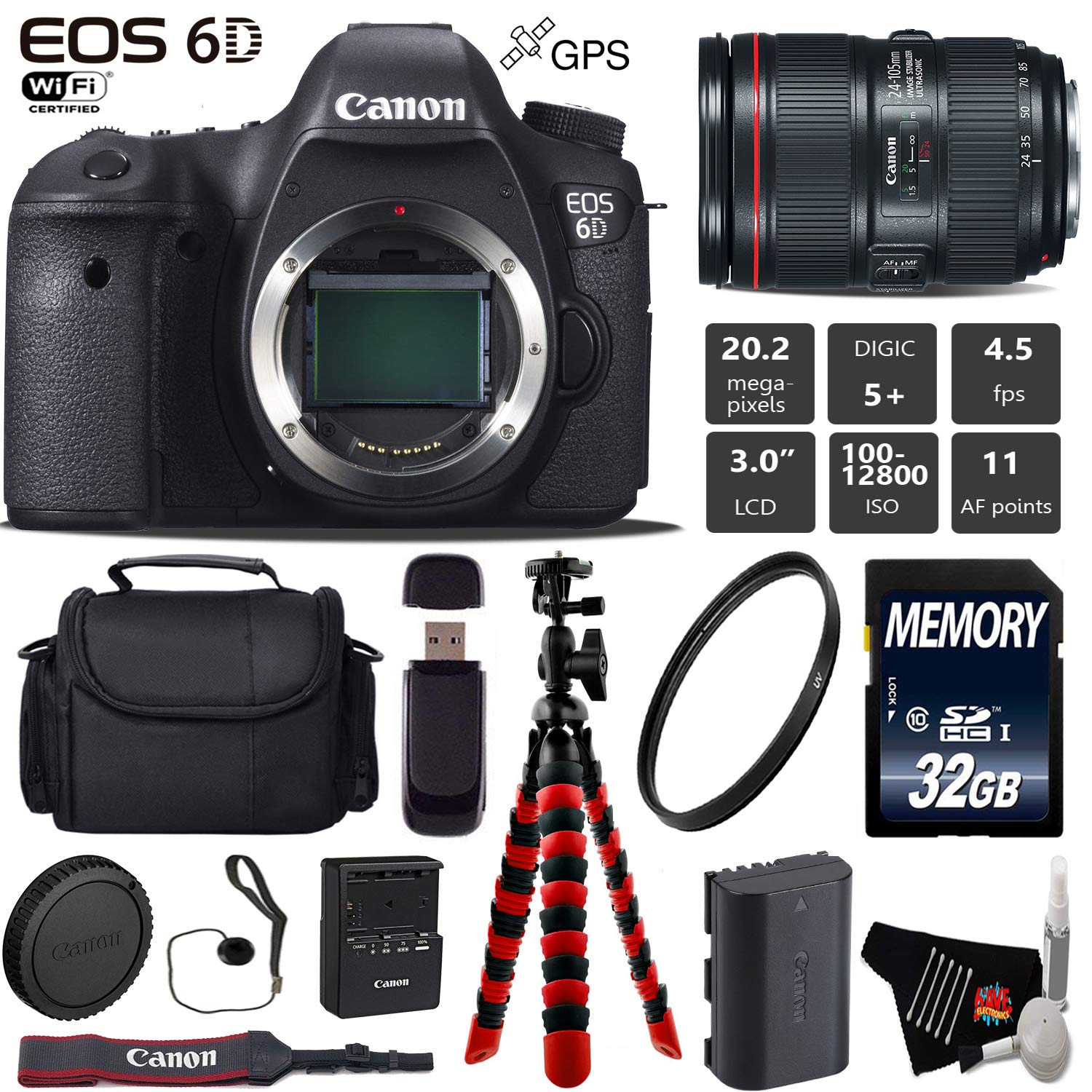 Canon EOS 6D DSLR Camera with 24-105mm f/4L II Lens + Wireless Remote + UV Protection Filter + Case + Wrist Strap + Trip