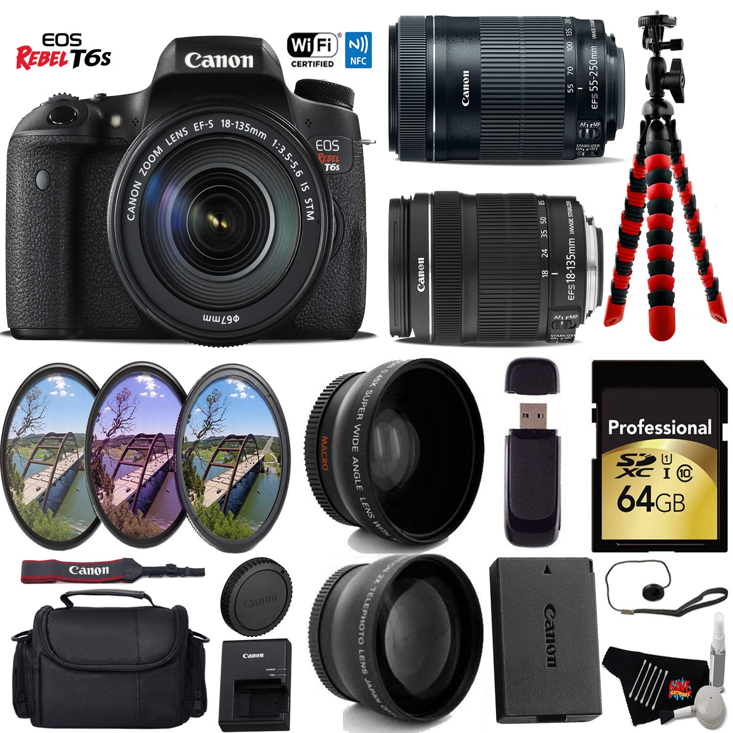 Canon EOS Rebel T6S DSLR Camera with 18-135mm is STM Lens & 55-250mm is STM Lens + UV FLD CPL Filter Kit Starter Bundle