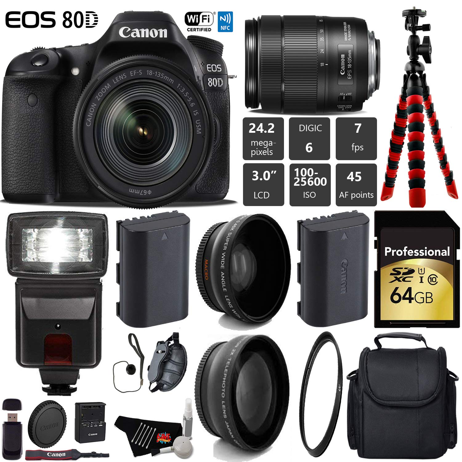 Canon EOS 80D DSLR Camera with 18-135mm is STM Lens + Flash + UV FLD CPL Filter Kit + Wide Angle & Telephoto Lens Pro Bundle